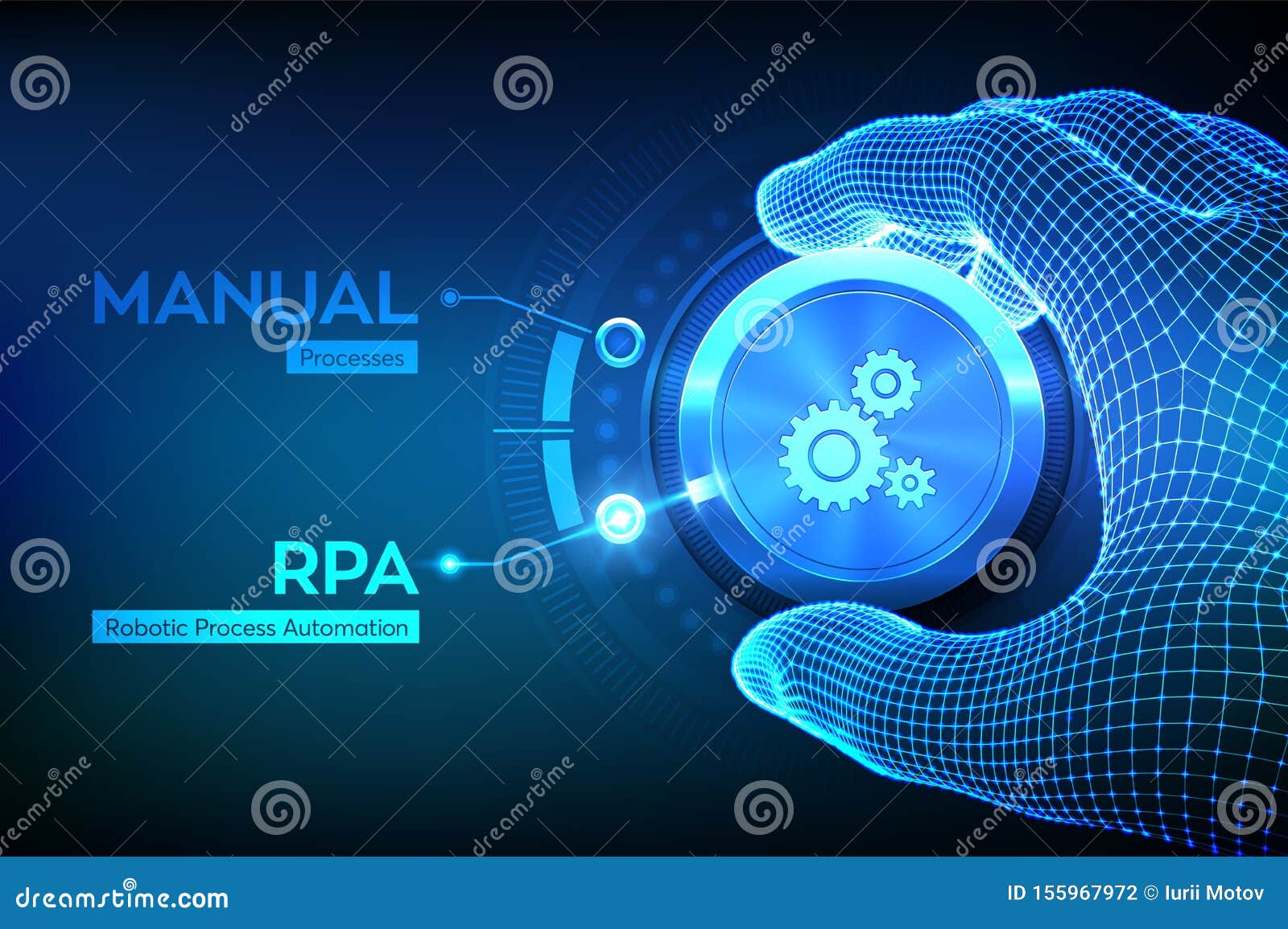 rpa robotic process automation innovation technology concept. wireframe hand turning a knob and selecting rpa mode. intelligent