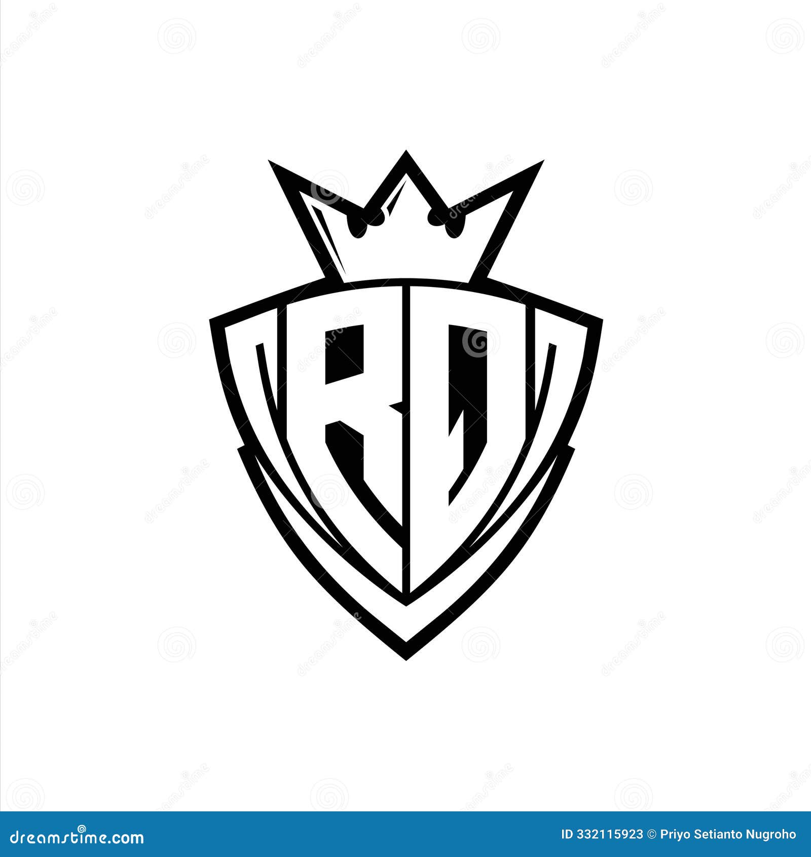 rq letter logo with sharp triangle shield  with crown inside white outline on white background template 