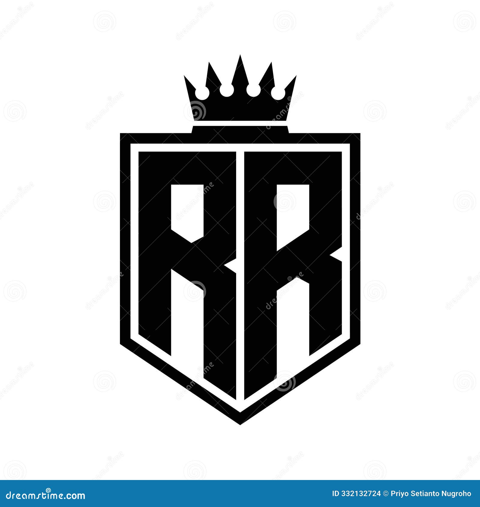 rr logo monogram bold shield geometric  with crown outline black and white style 