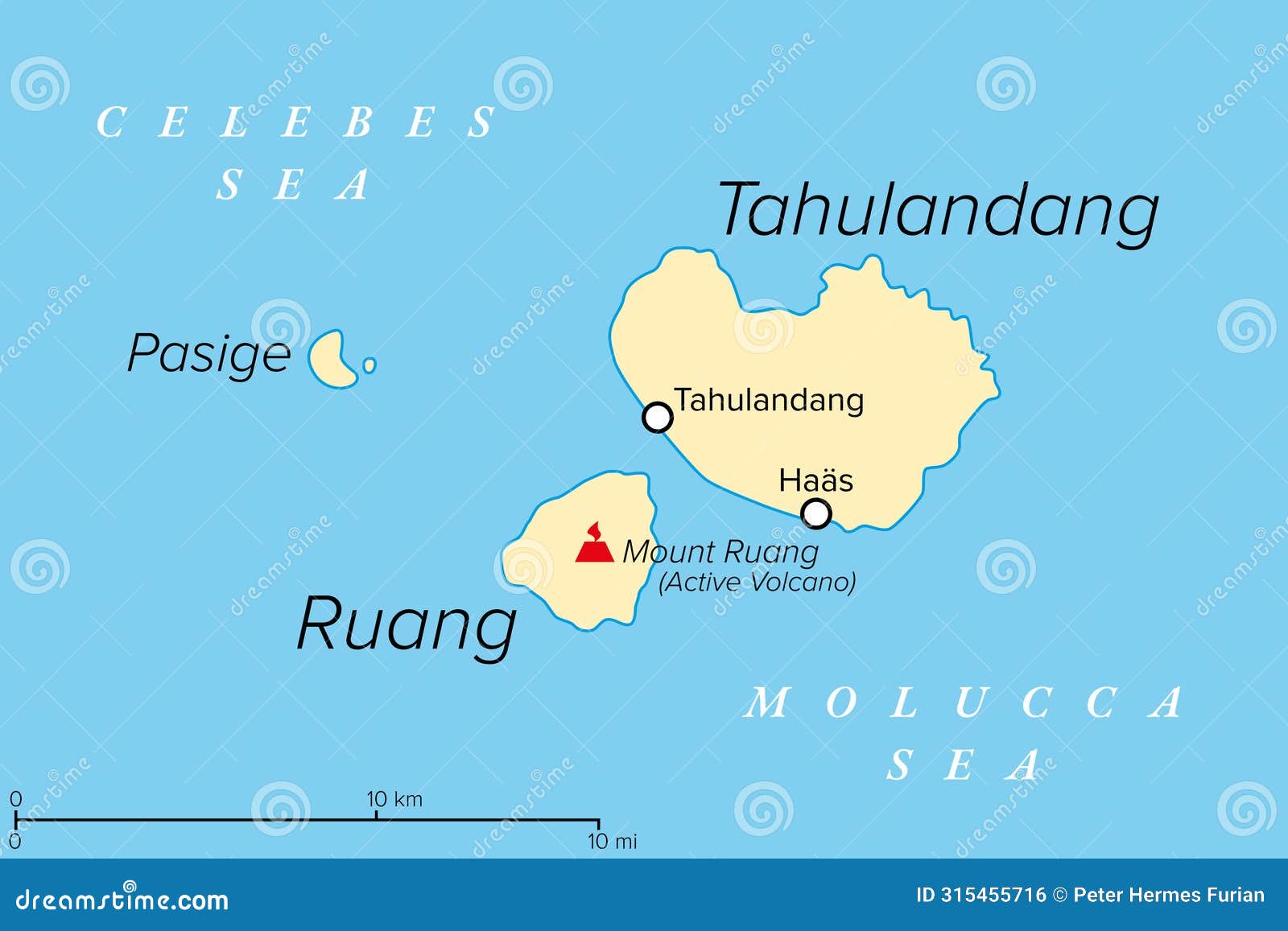 ruang, an active indonesian volcanic island, political map