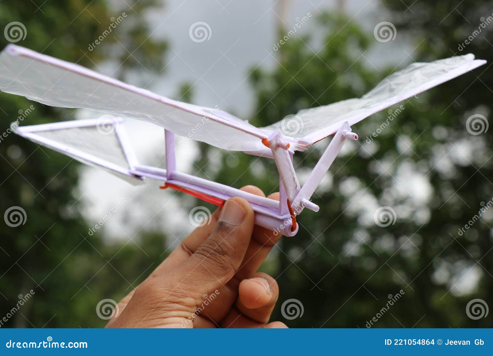 Rubber Band Power Ornithopter Held in Hand on Nature Background Stock