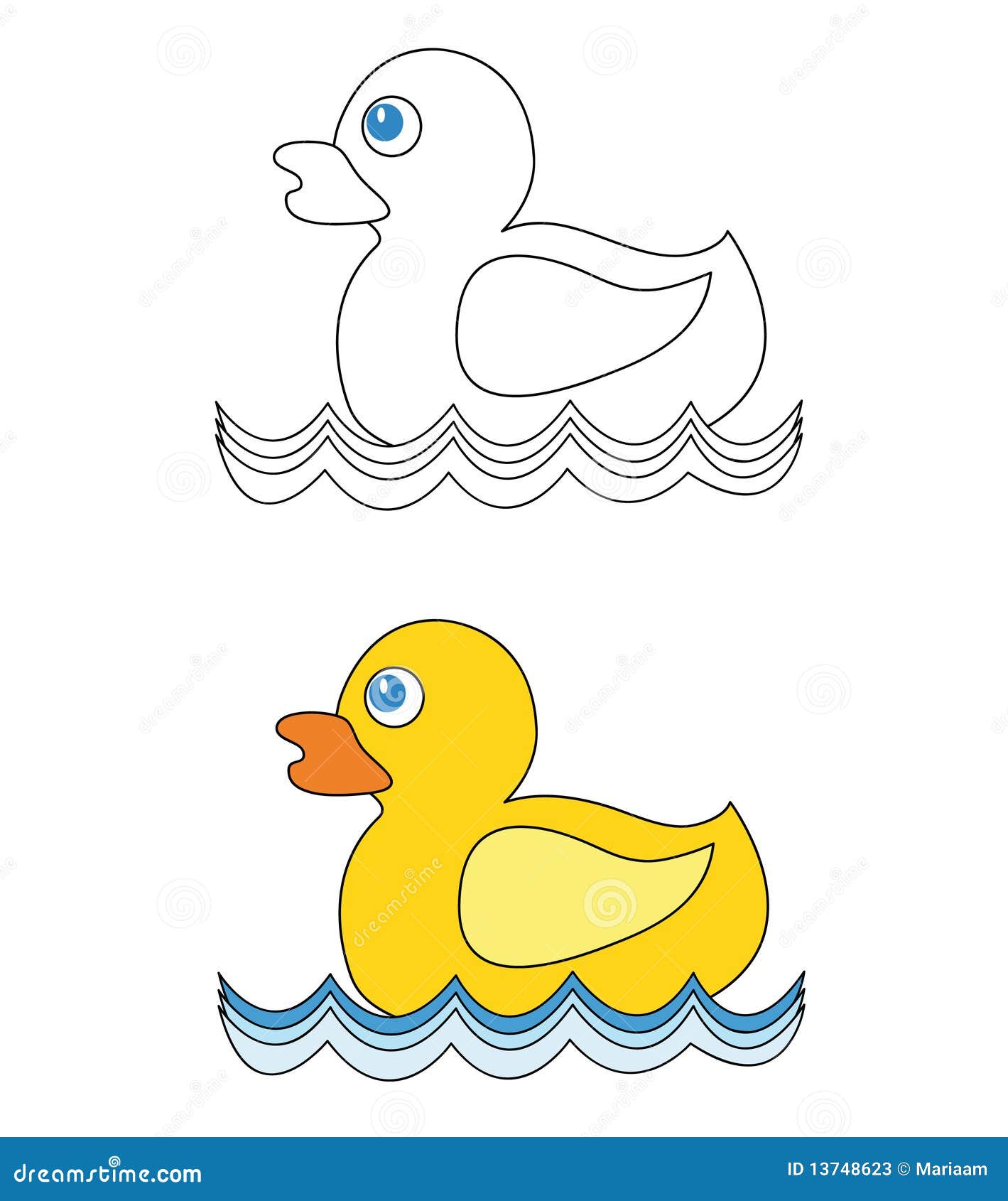 Rubber duck swimming on water. The black and white version could be 