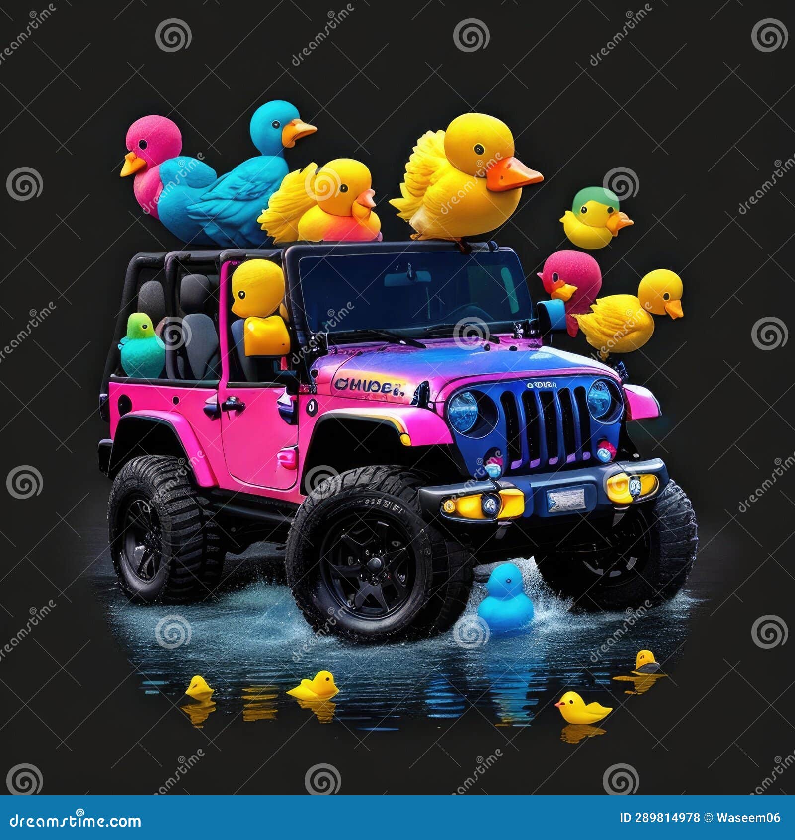 Rubber Ducky Jeep Wrangler Surrounded by Playful, Colorful Ducks