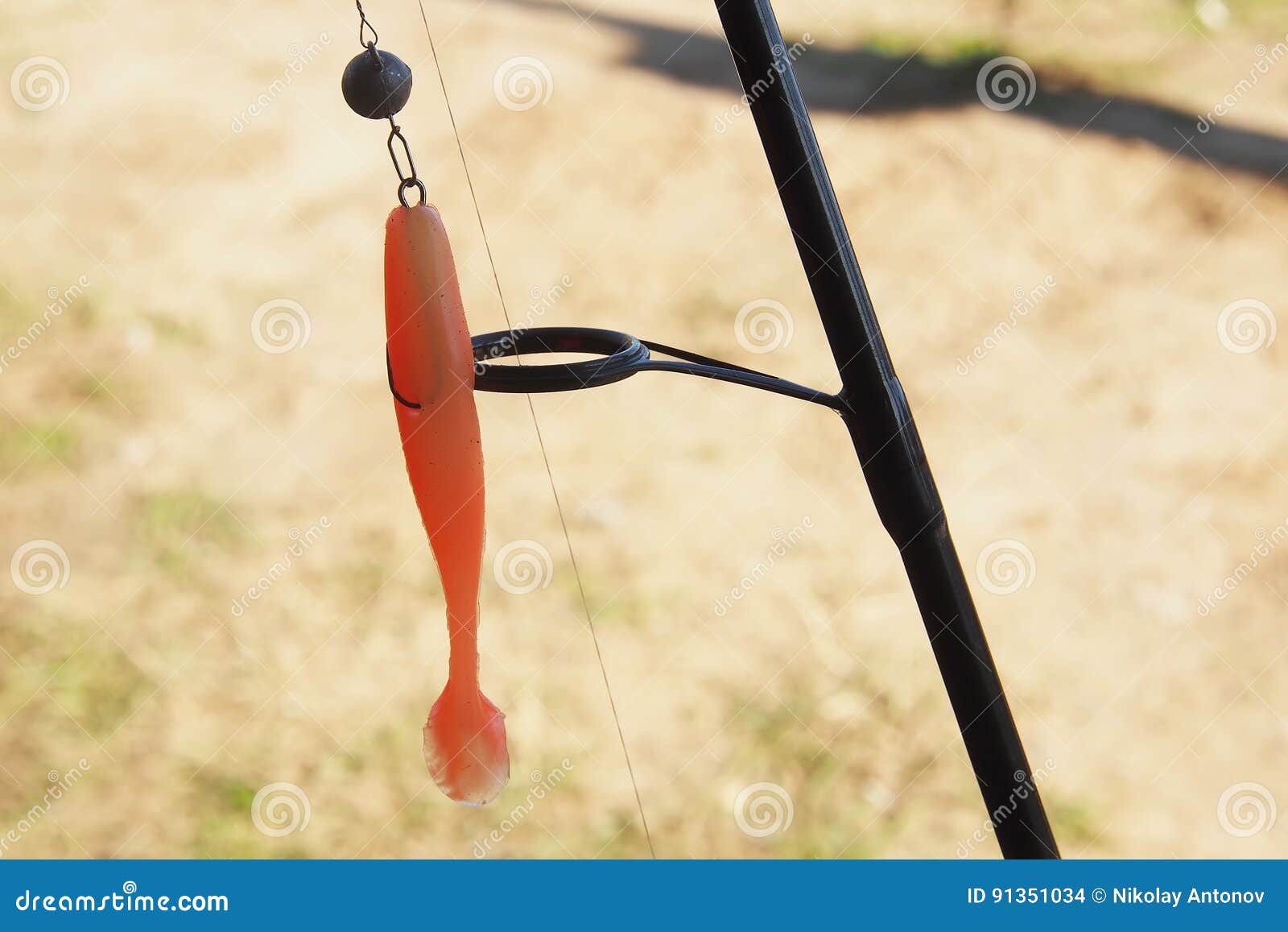 Rubber Silicone Orange Fishing Bait with Hook and Fishing Line with Rod  Outdoors Stock Photo - Image of lead, outline: 91351034