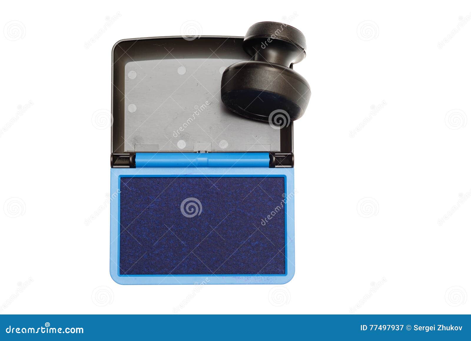 Rubber Stamp with Opened Blue Ink Pad Isolated Stock Image Image of