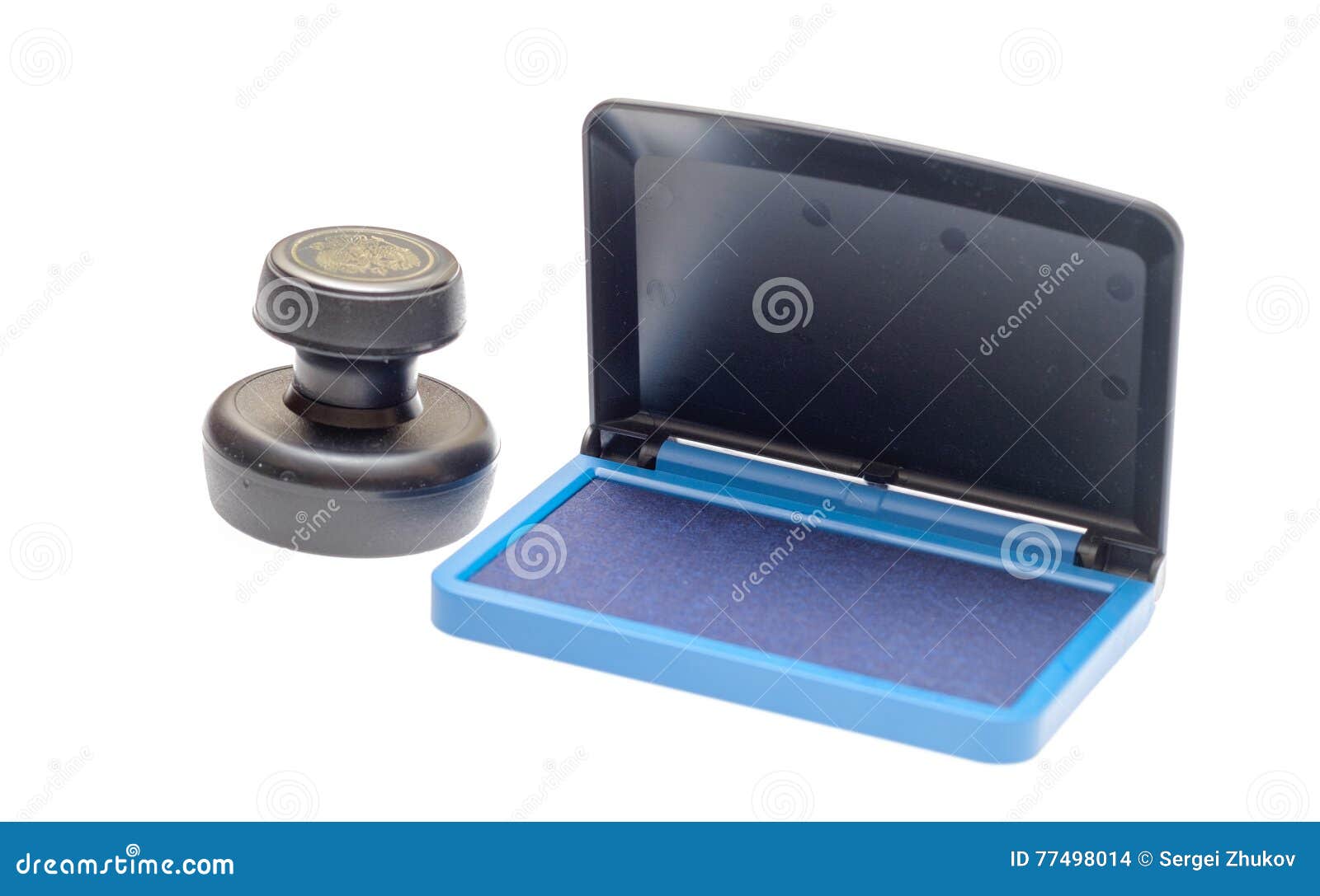 Rubber Stamp with Opened Blue Ink Pad Isolated Stock Photo Image of
