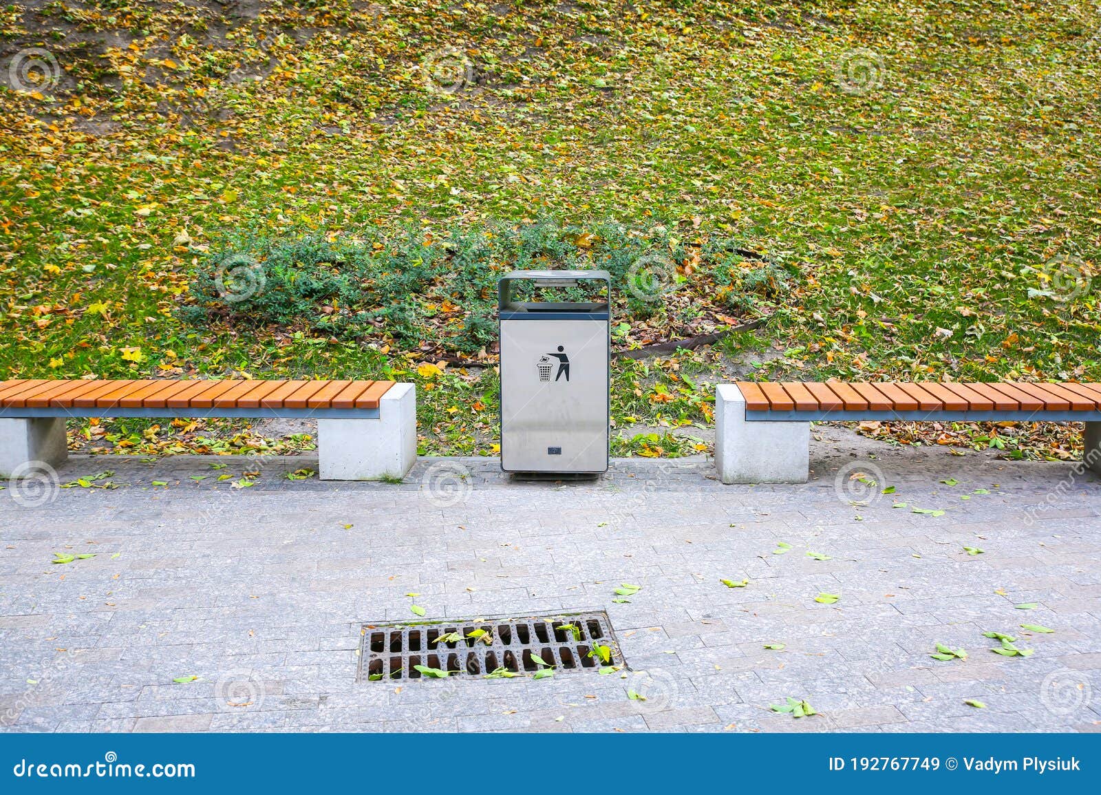 Rubbish Bin and Bench Outdoors. Street in Autumn Stock Image Image of