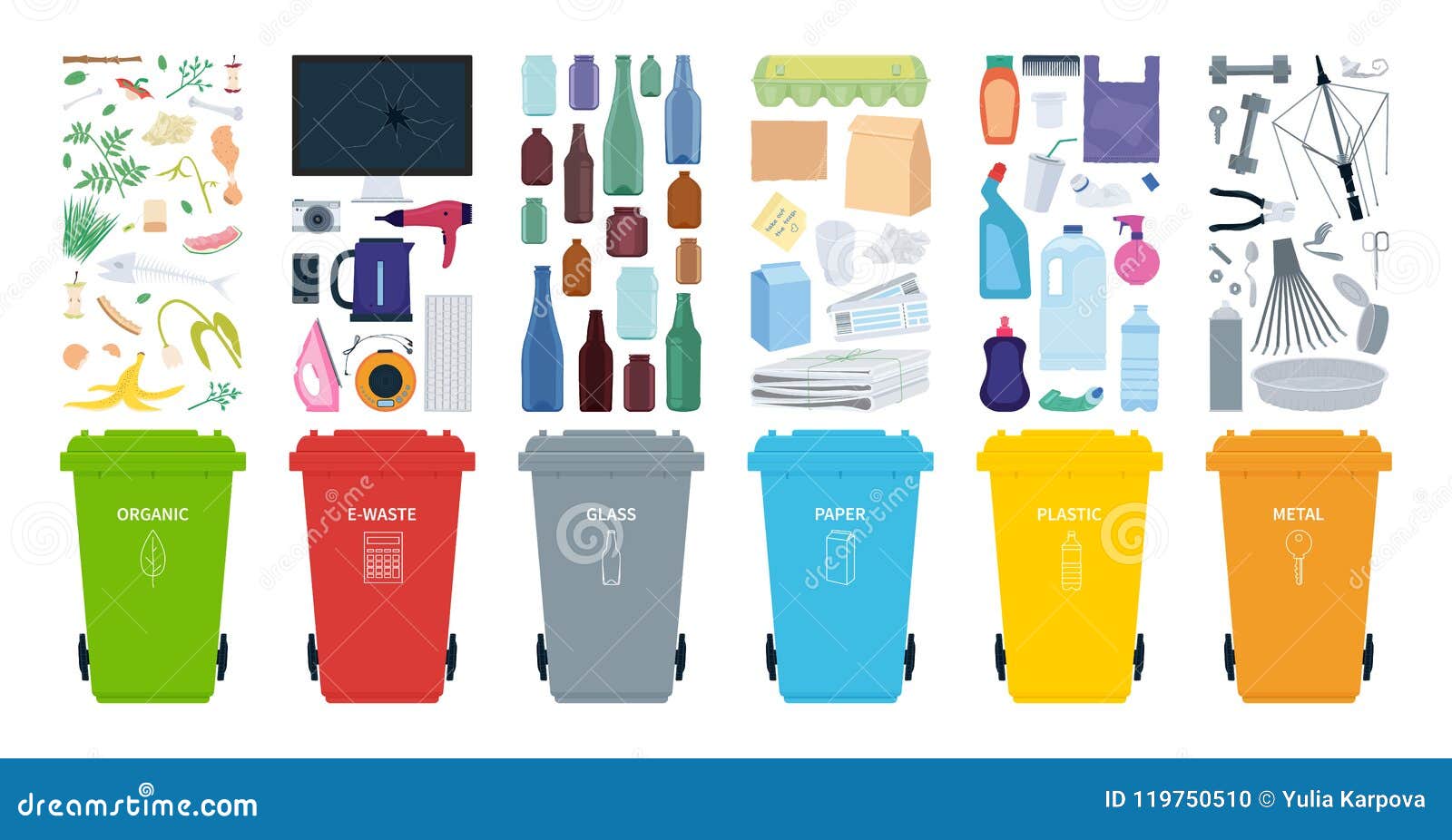 rubbish bins for recycling different types of waste. sort plastic, organic, e-waste, metal, glass, paper.  .
