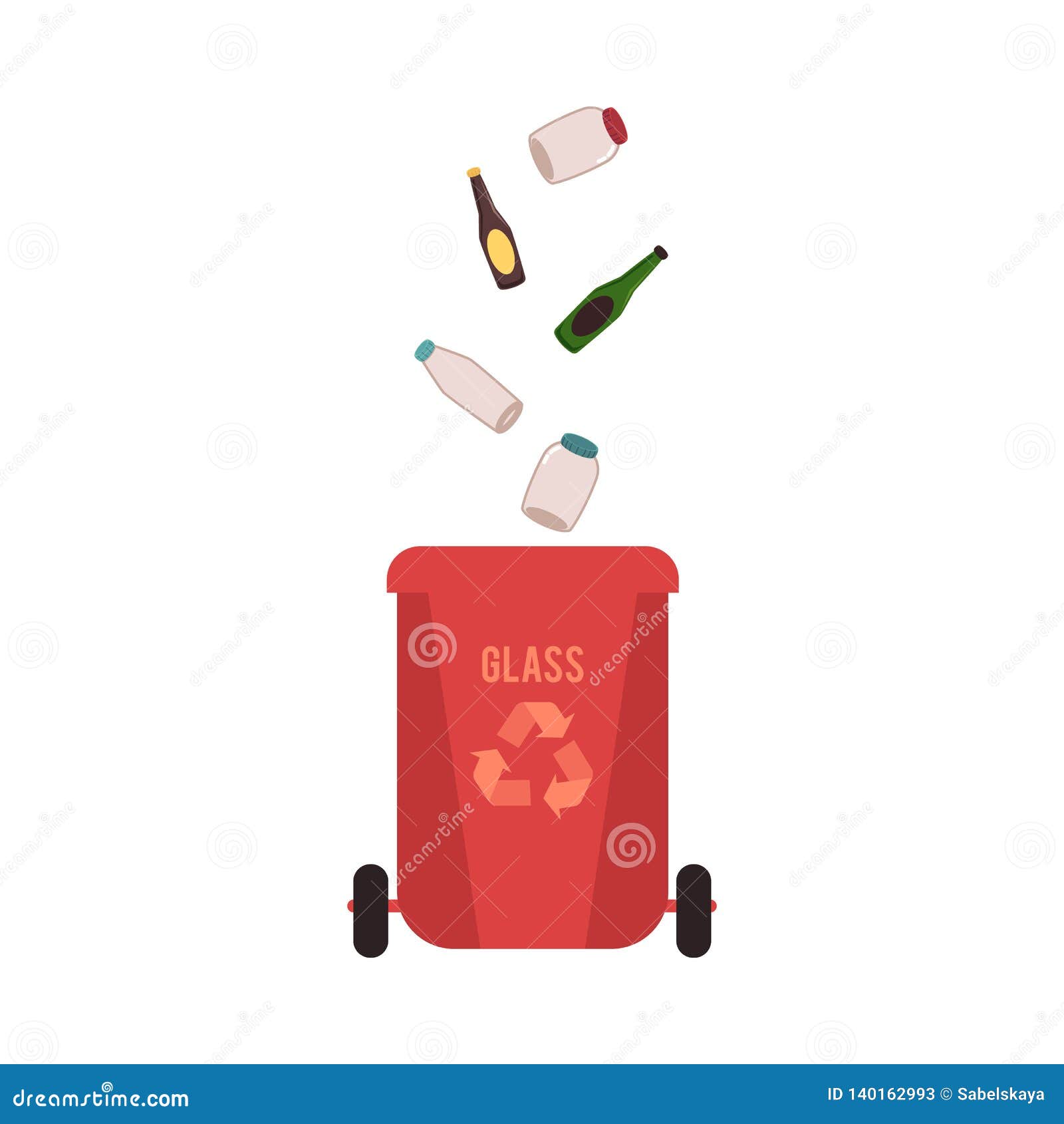 Rubbish Red Bin with Glass Waste and Garbage. Stock Vector