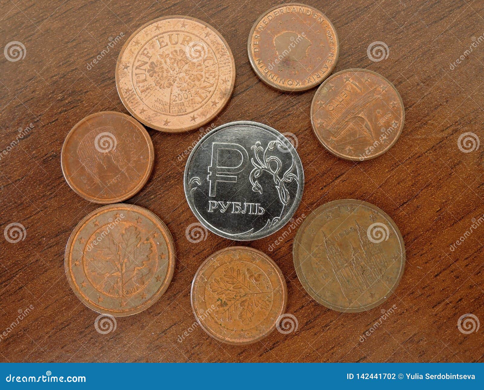 The Ruble Coin Is Surrounded By Euro Coins On A Brown ...