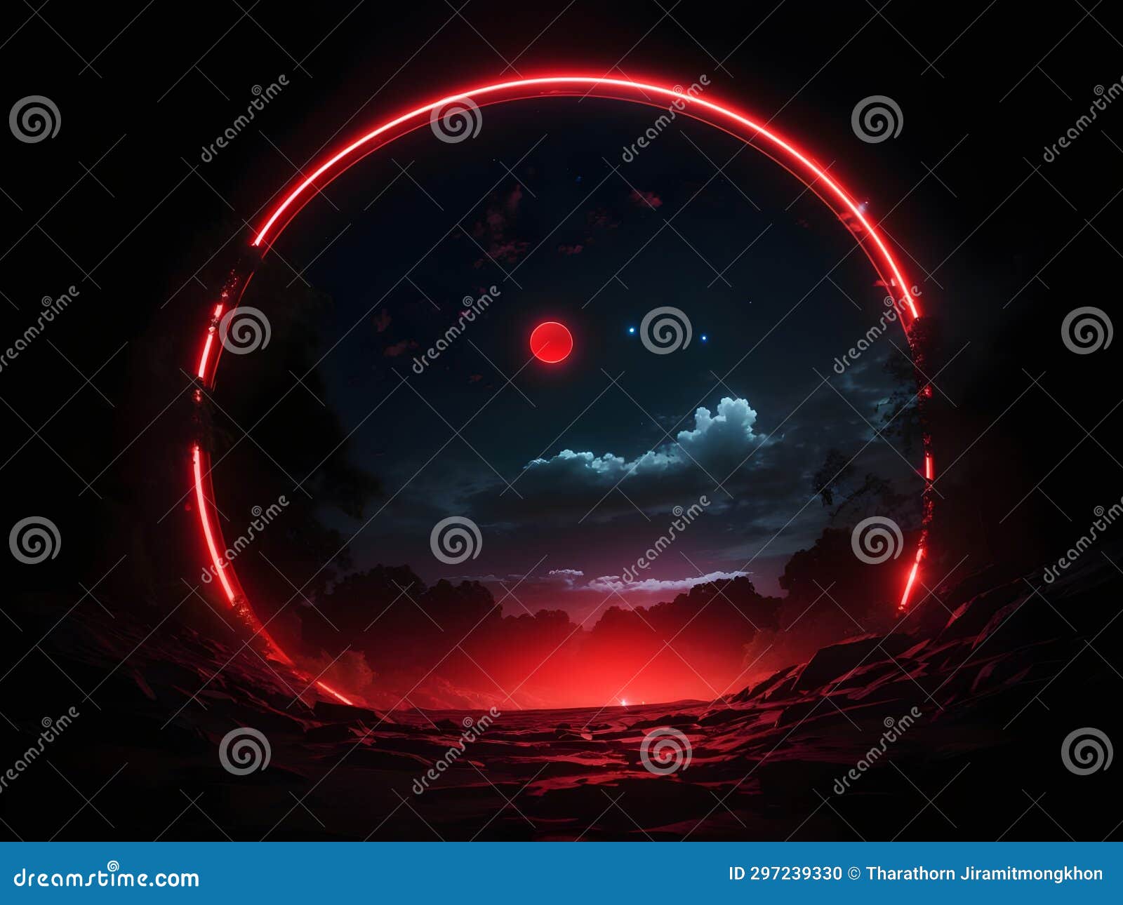 Ruby Lunar Emanation: Enchanting Red Glow Disc Stock Illustration 