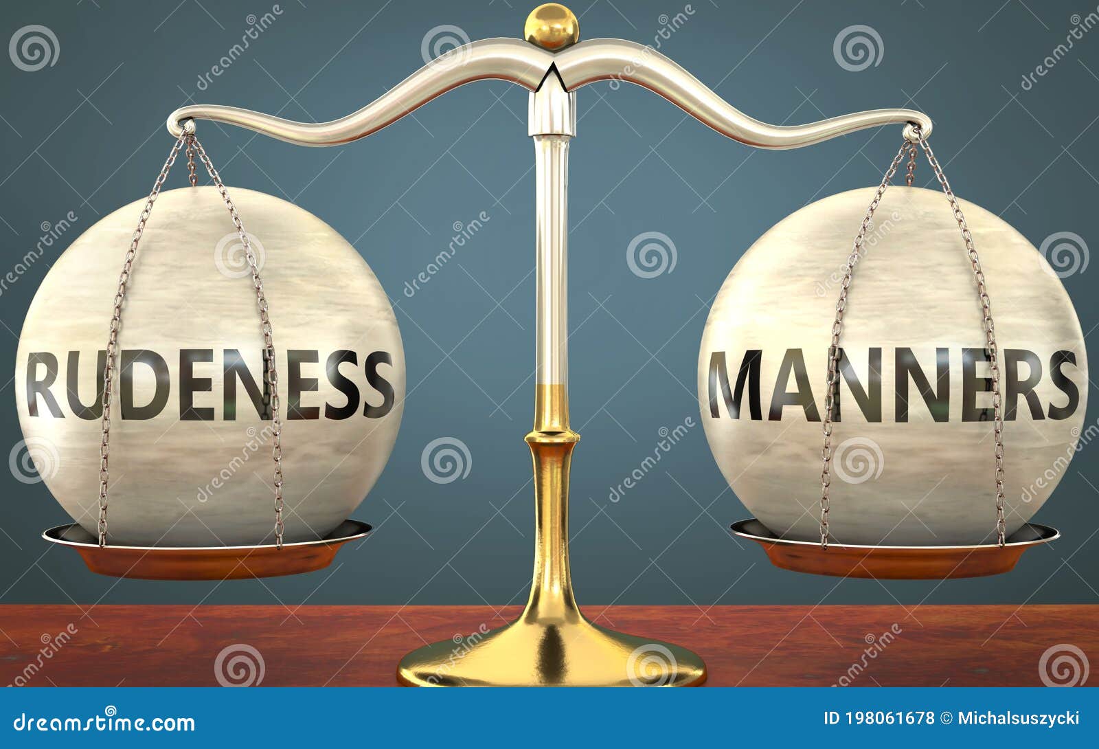 rudeness and manners staying in balance - pictured as a metal scale with weights and labels rudeness and manners to ize