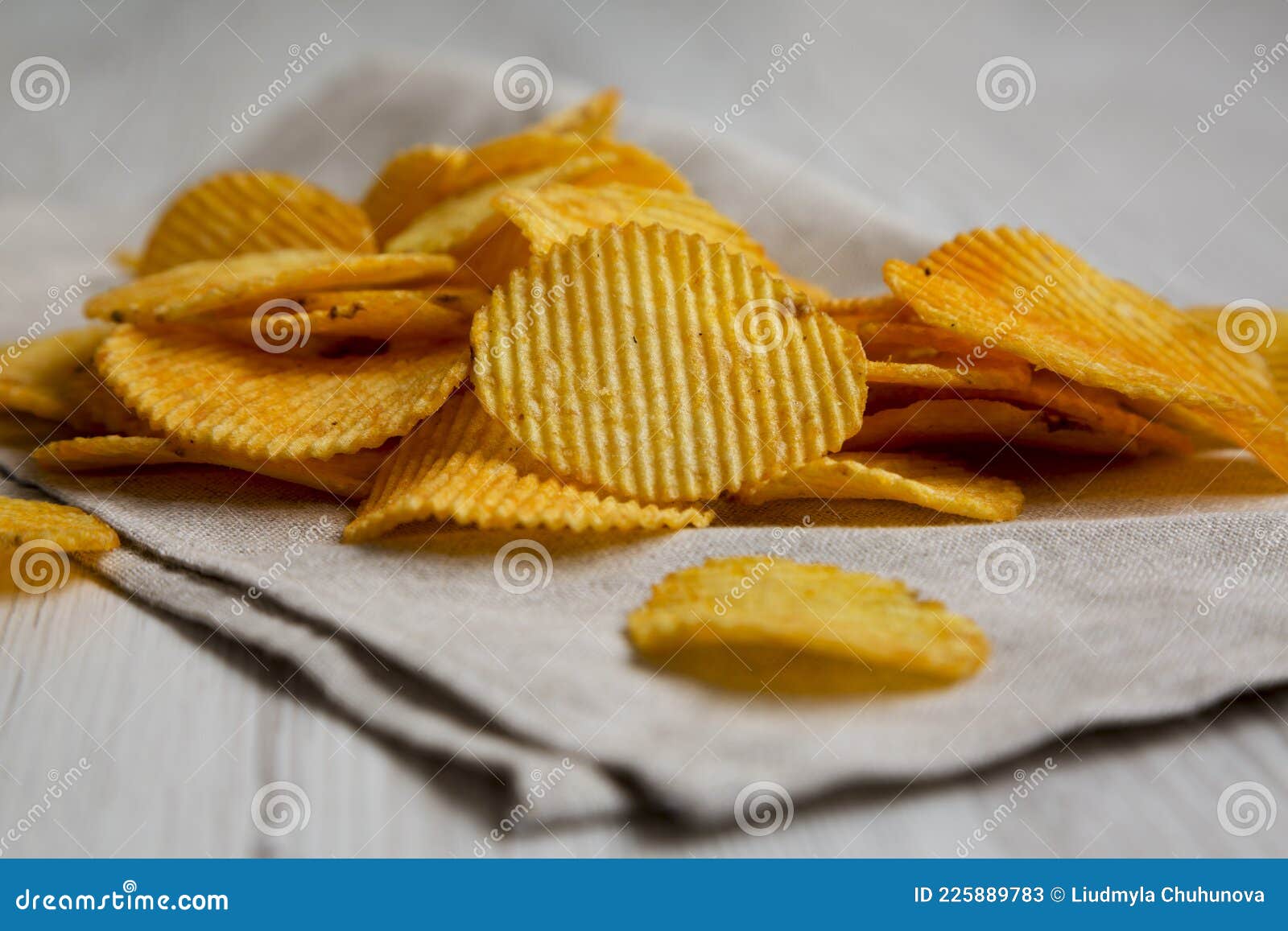 Ruffled Cheese Potato Chips, Low Angle View. Closeup Stock Image