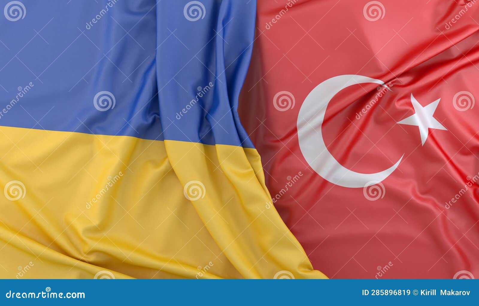 Ruffled Flags of Ukraine and Turkey. 3D Rendering Stock Illustration