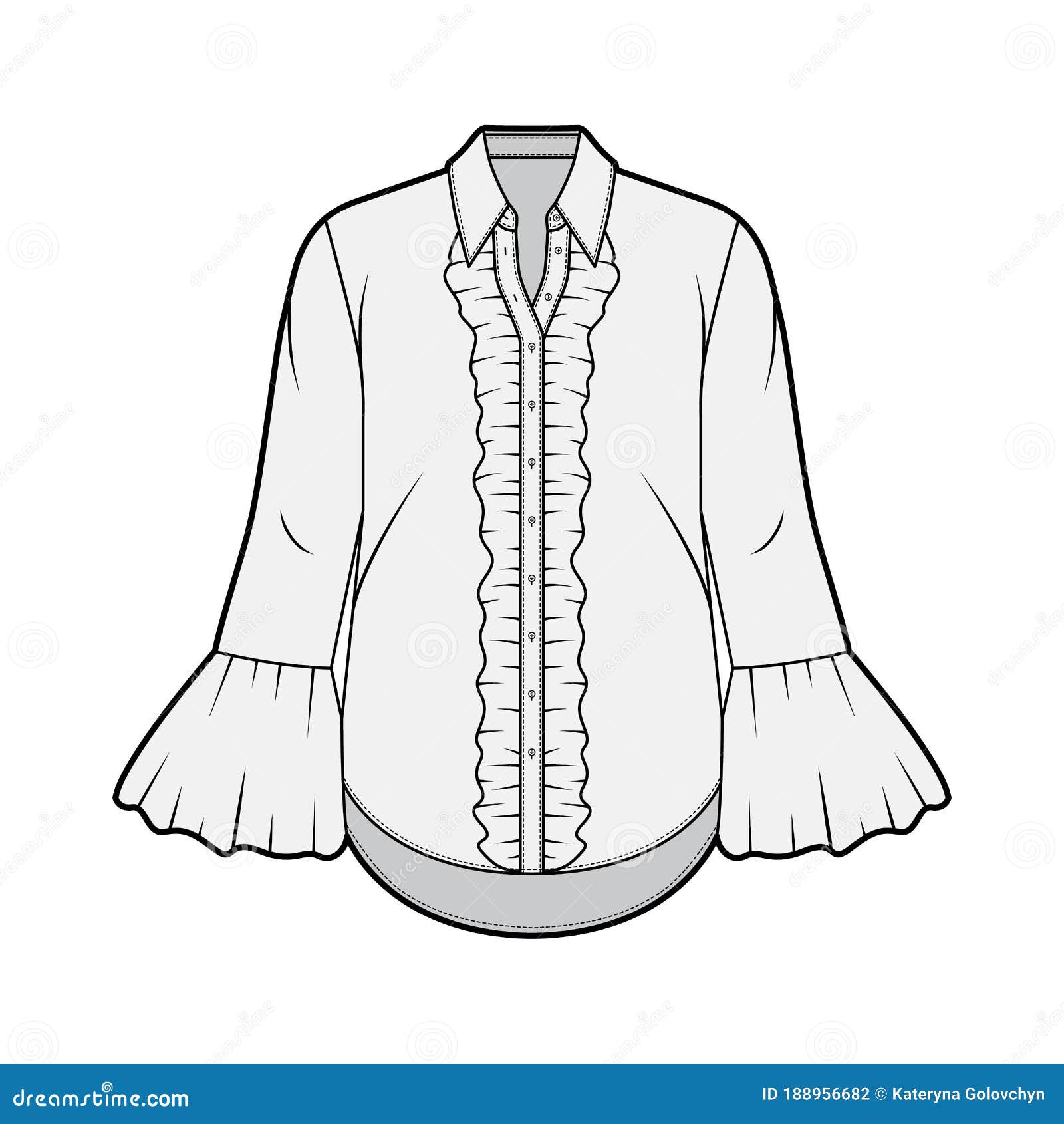 Ruffled Shirt Technical Fashion Illustration with Sharp Collar ...