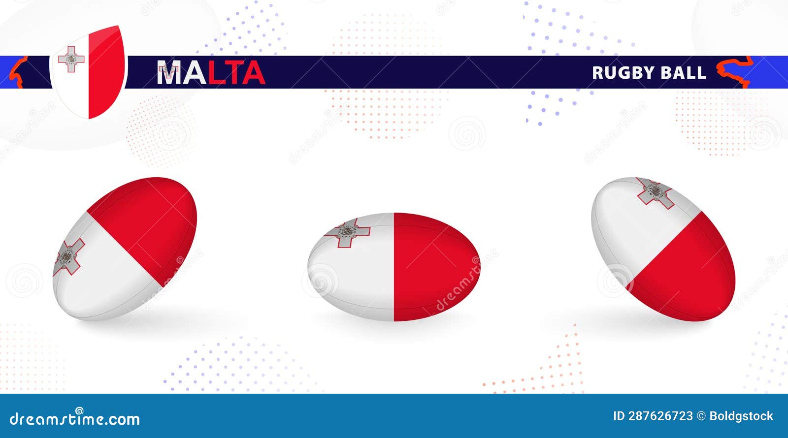 Rugby Ball Set with the Flag of Malta in Various Angles on Abstract