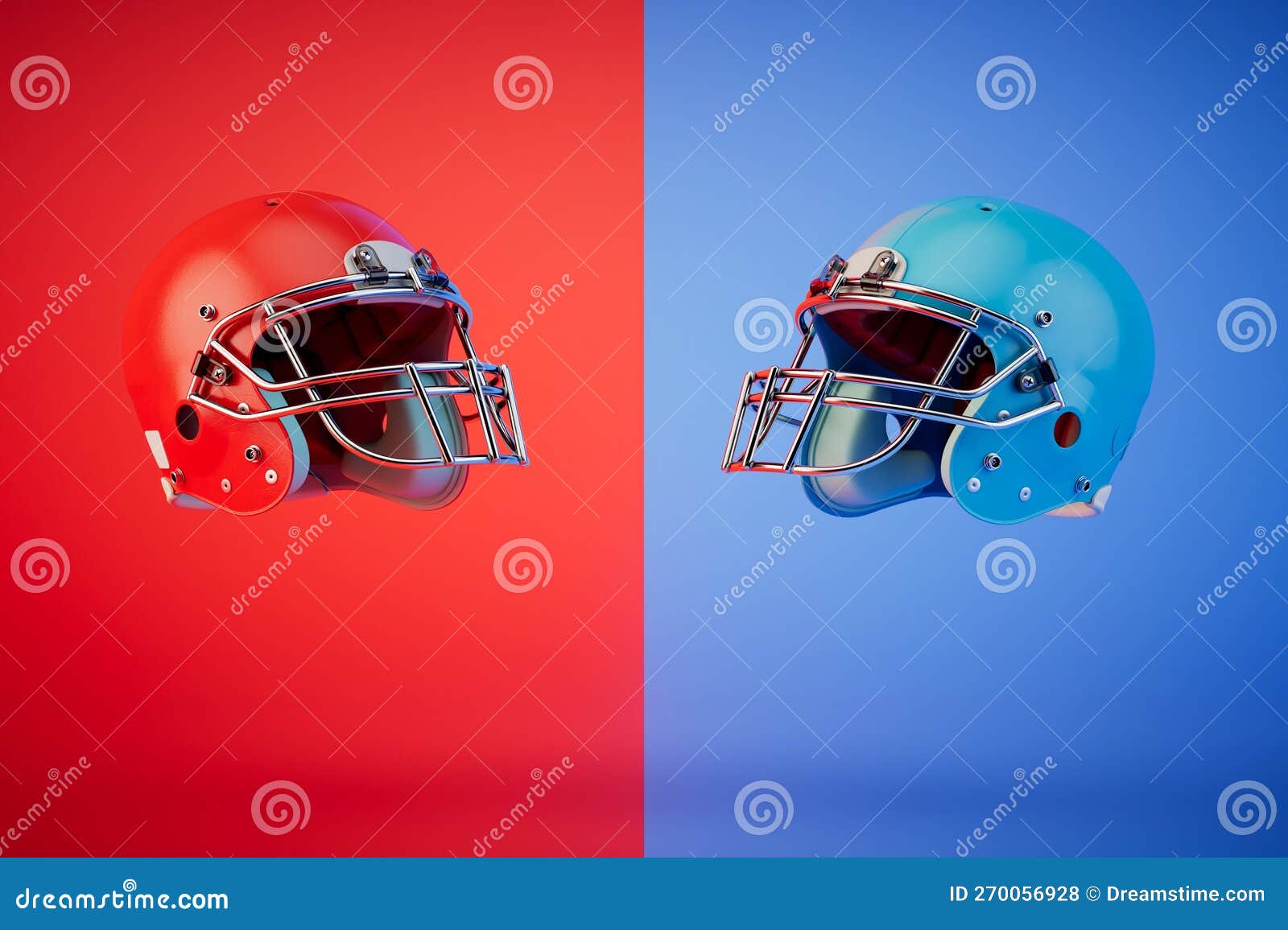 Rugby Helmets on Red and Blue Background. 3d Render Stock Illustration