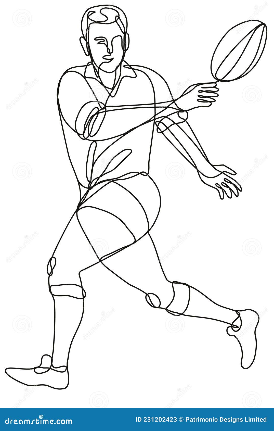 Rugby Union Player Passing Ball Front View Continuous Line Drawing Stock Vector