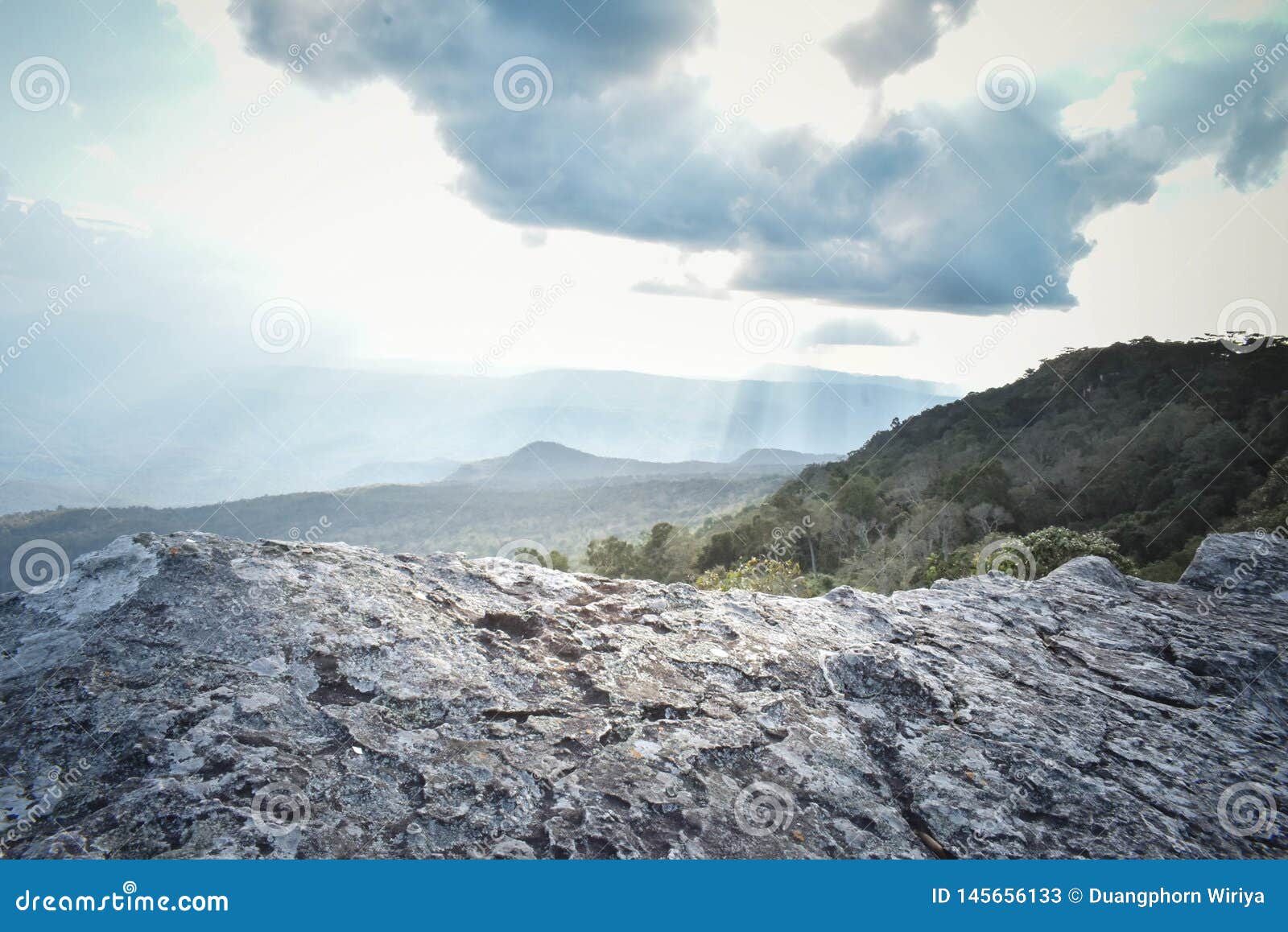 rugged cliffs on foreground and clear sky view in the background at phu kra dueng national park, loei thailand.
