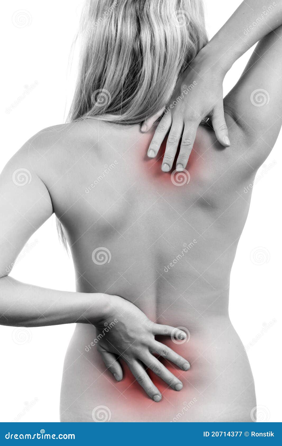 Rugpijn. Vrouw met verwonde rug. geïsoleerdn op wit