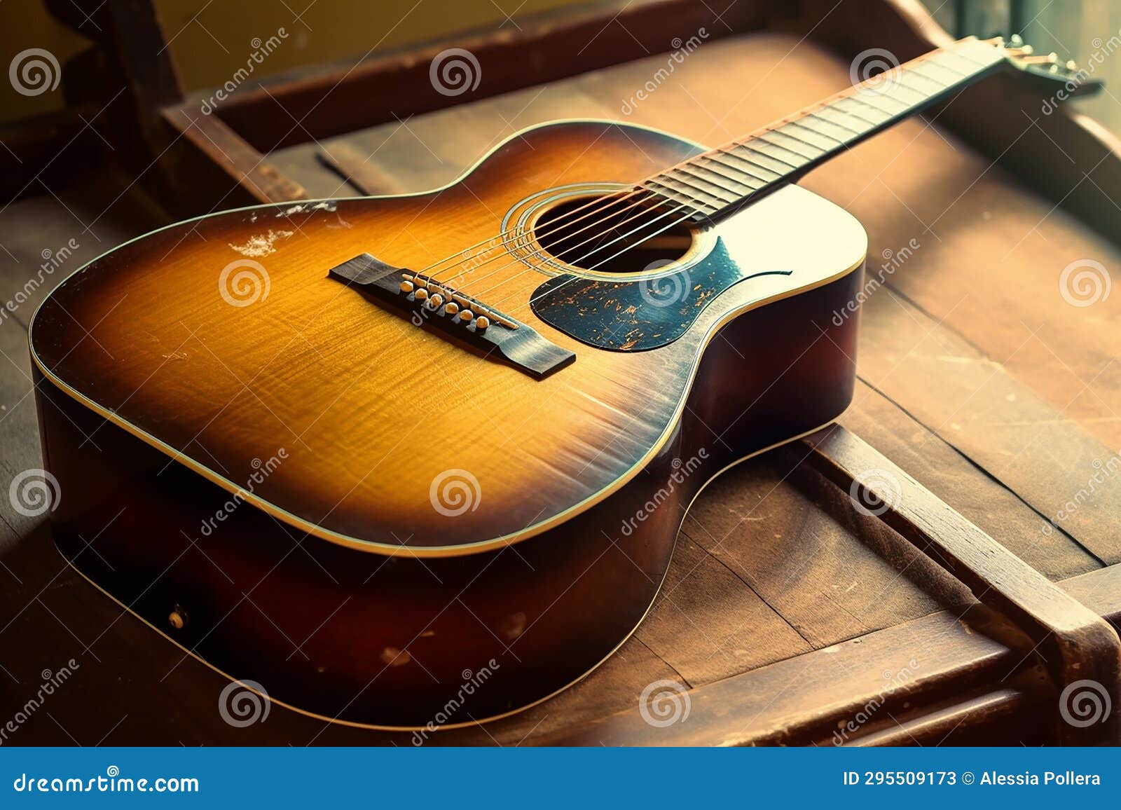 A Ruined Broken Acoustic Guitar Abandoned on a Stage Stock Illustration