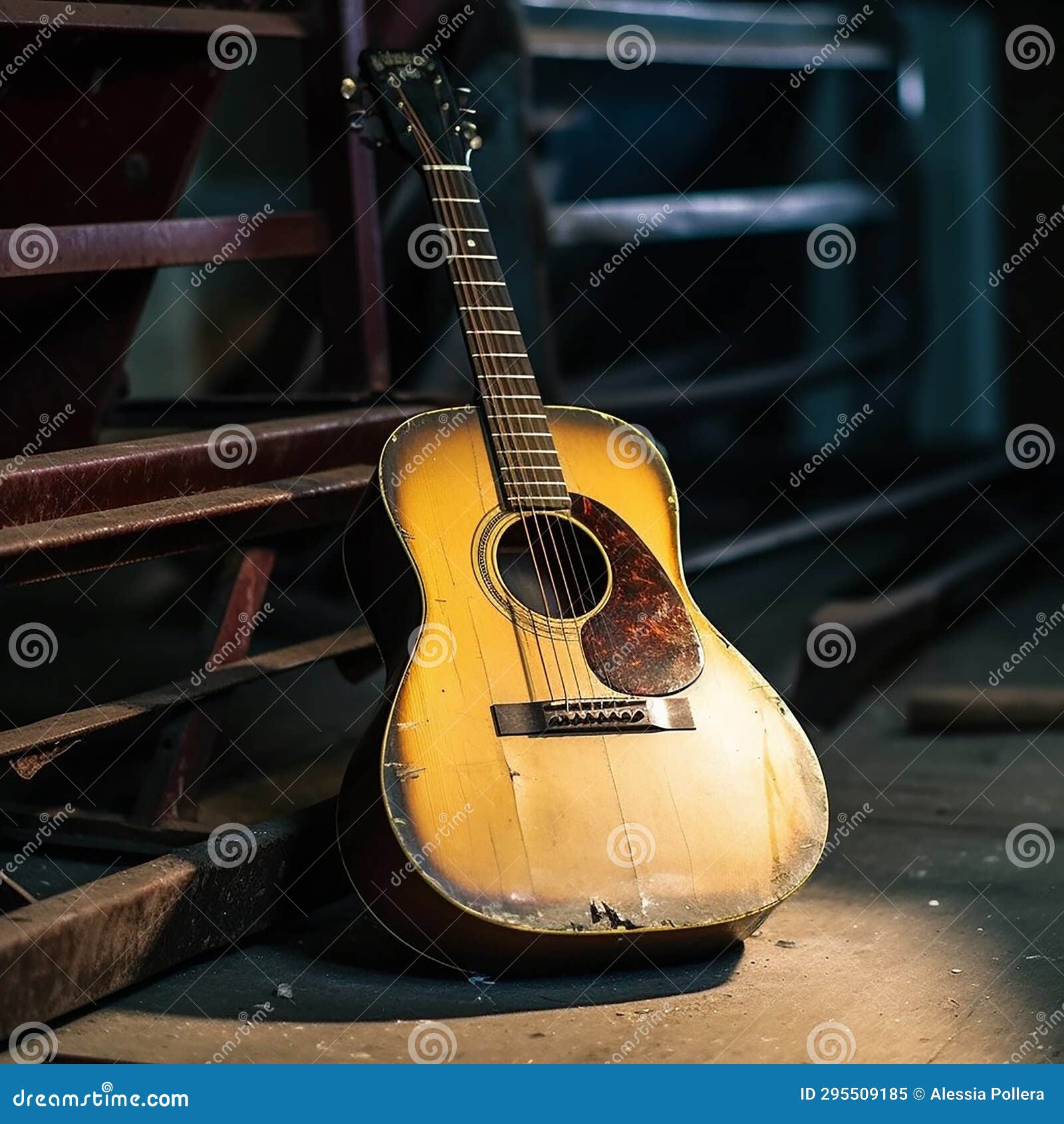A Ruined Broken Acoustic Guitar Abandoned on a Stage Stock Illustration