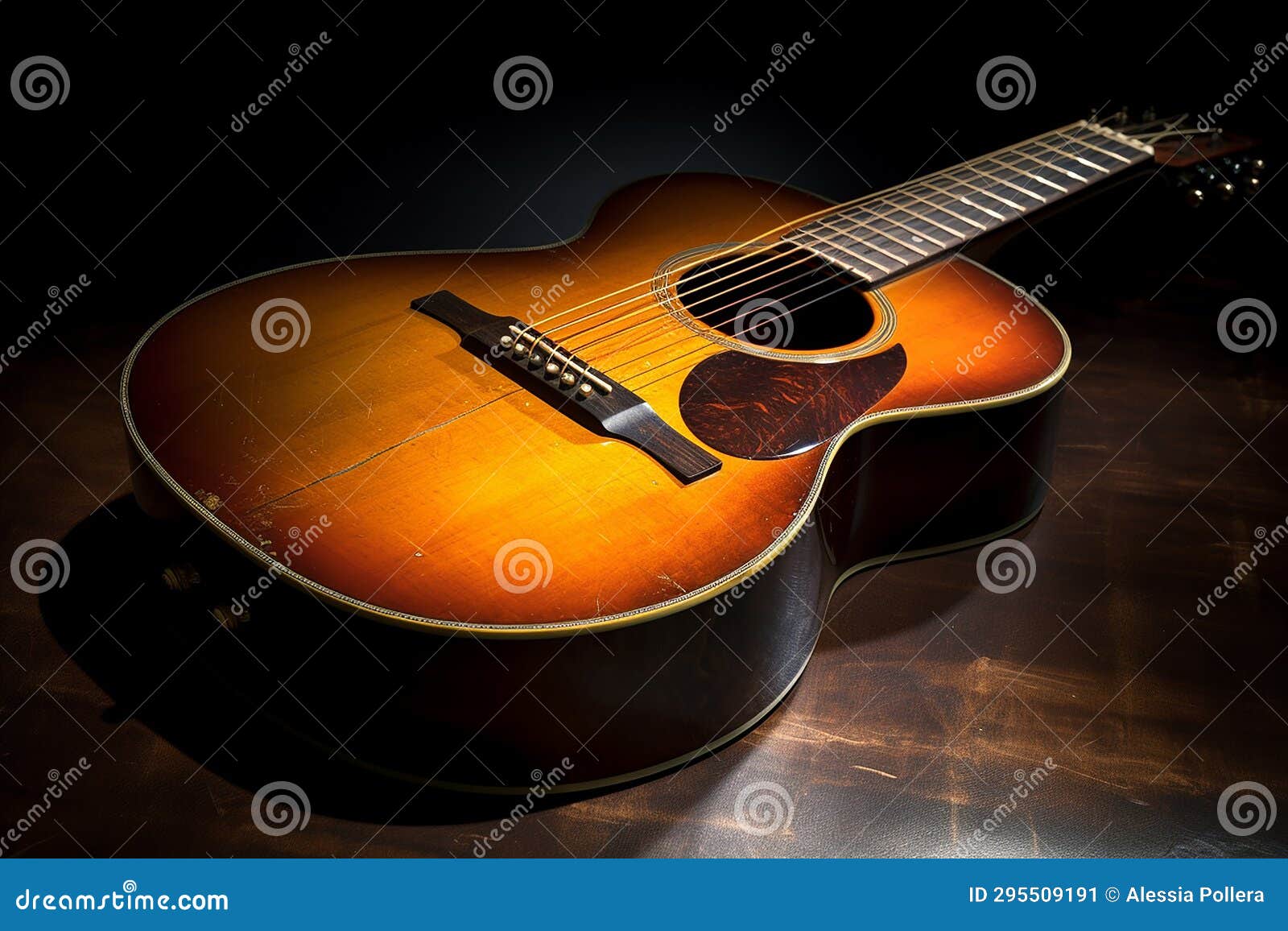 A Ruined Broken Acoustic Guitar Abandoned on a Stage Stock Illustration