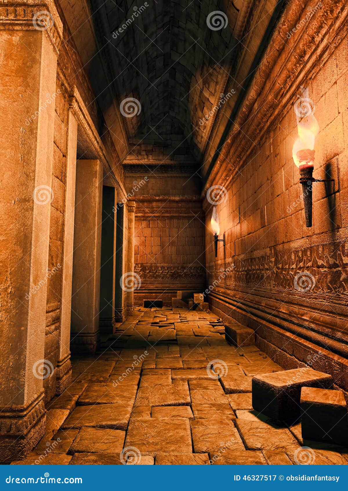 Old ruined corridor lit by torchlight