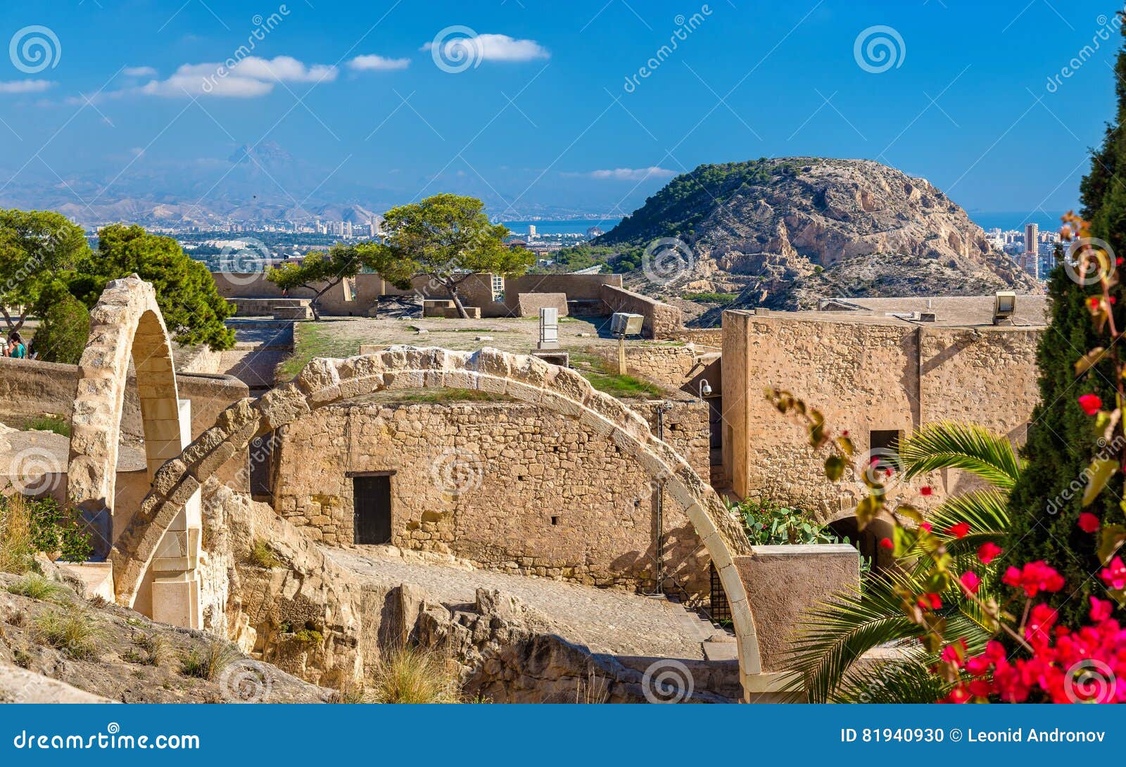 ruins of arched gates at santa barbara castle in alicante, spain