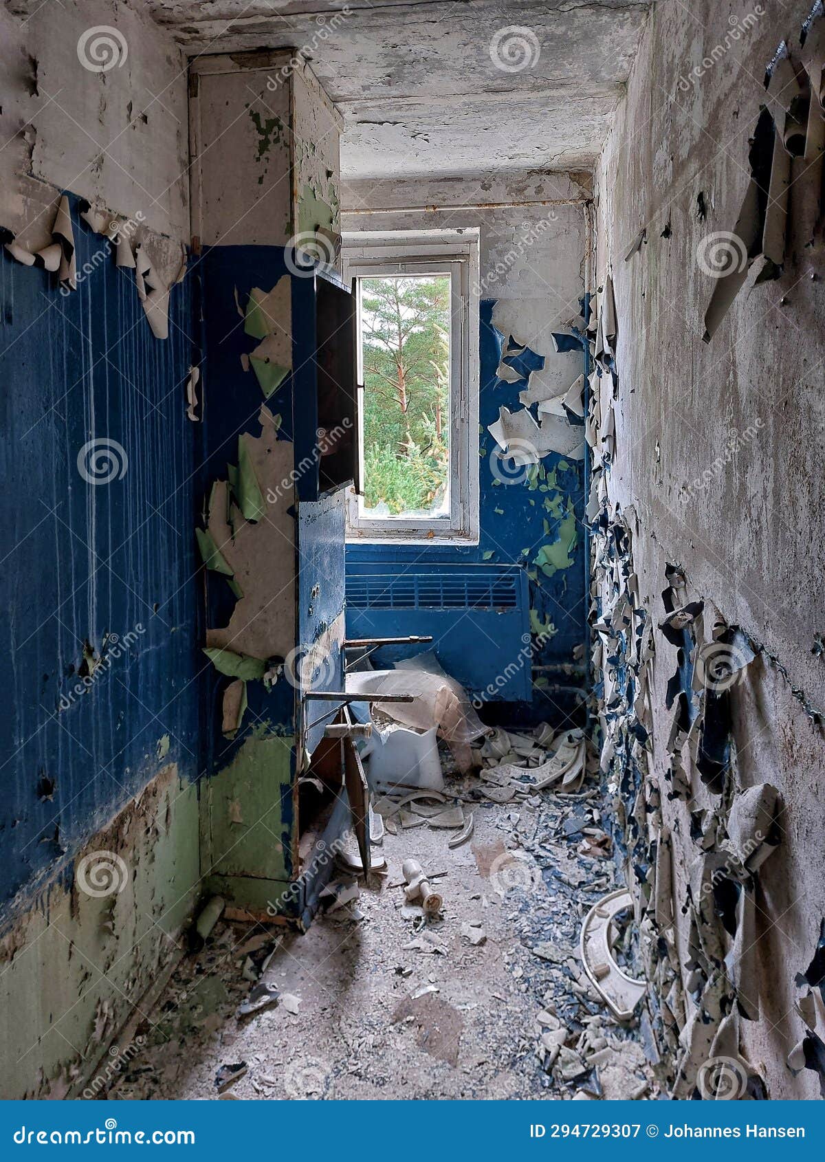 Ruins of Bathroom with Paint Falling Off the Walls Stock Image Image