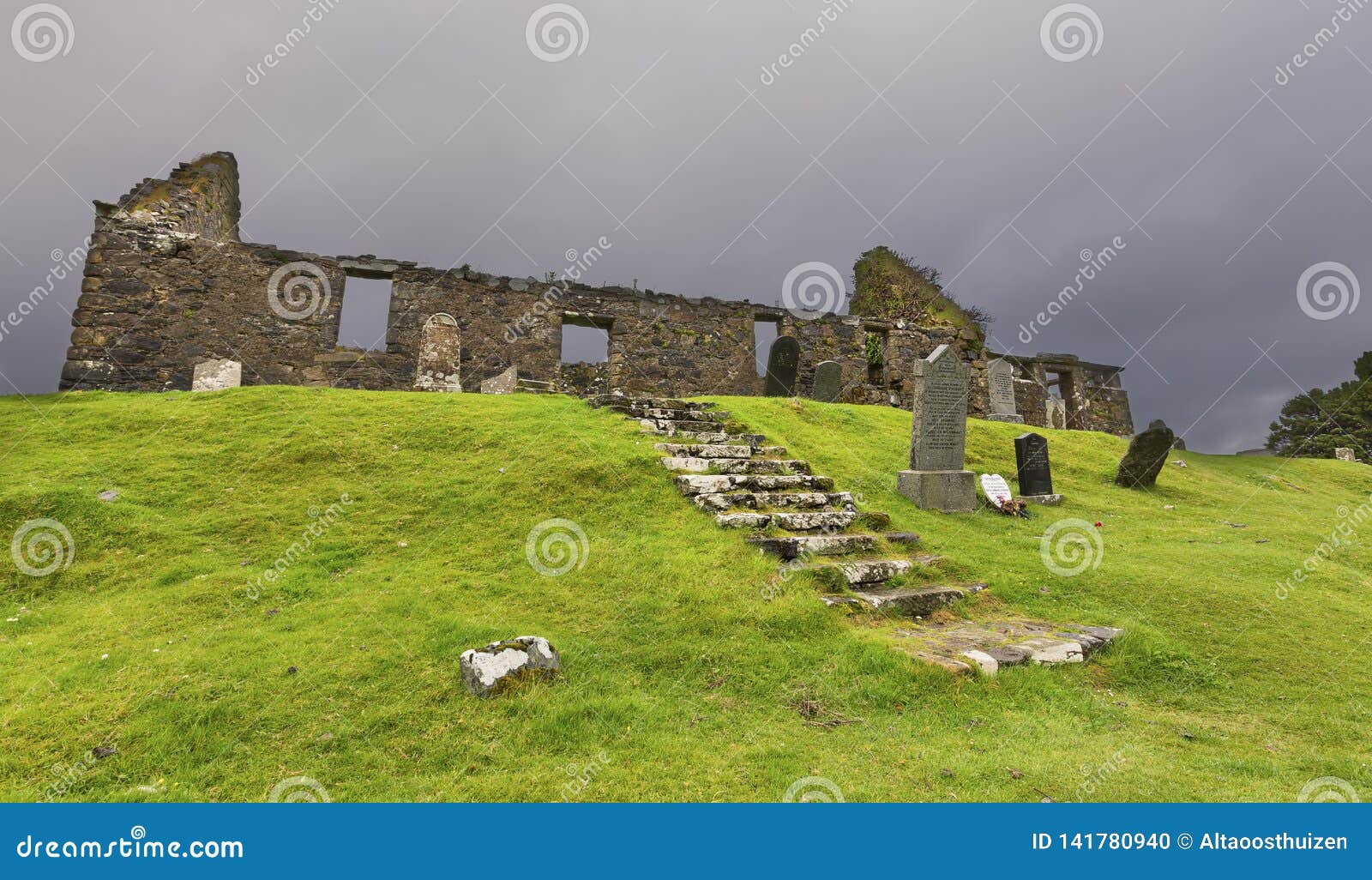 the ruins of cill chriosd on isle of skye in mist