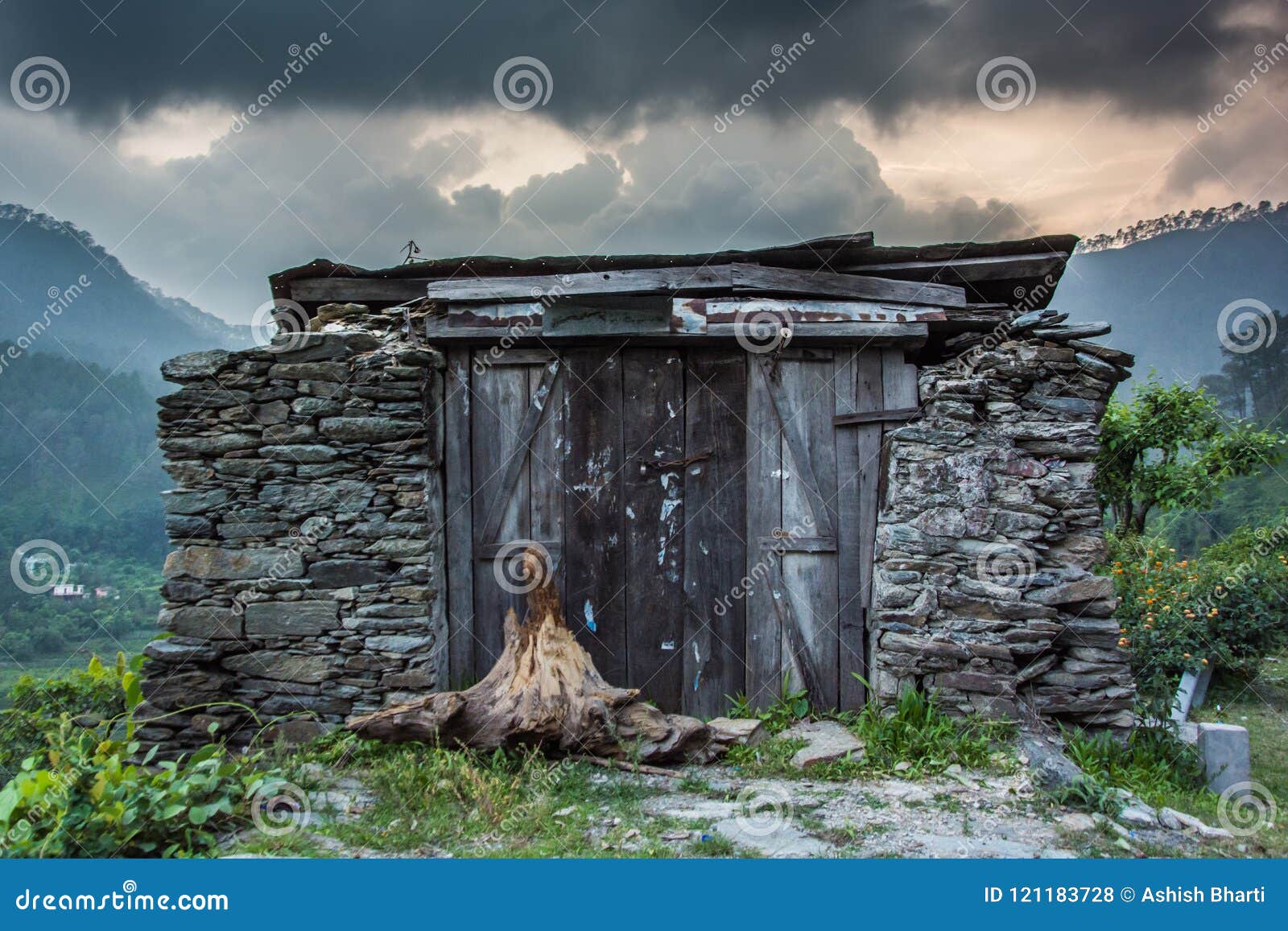 Ruins of a House in the Mountains with Clouds and Mountains in the ...