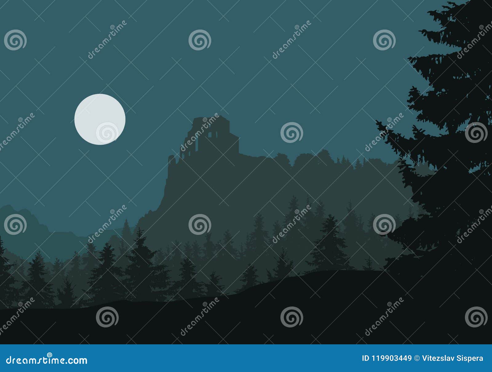 ruins of a medieval castle on a rock between forests and mountains, under night sky with moon