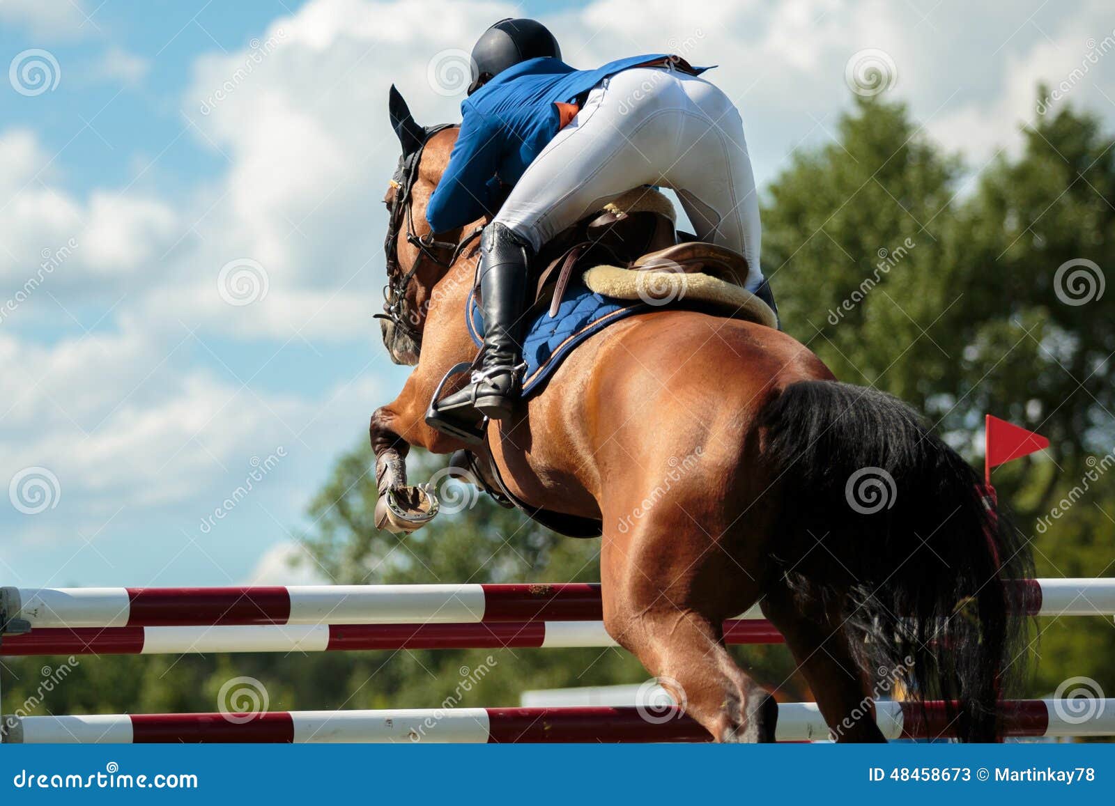 Ruiter. Paard die over een hindernis springen