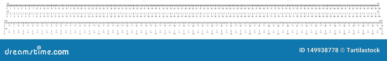 ruler scale. measurable scales, 100 centimeters and 40 inches rulers  