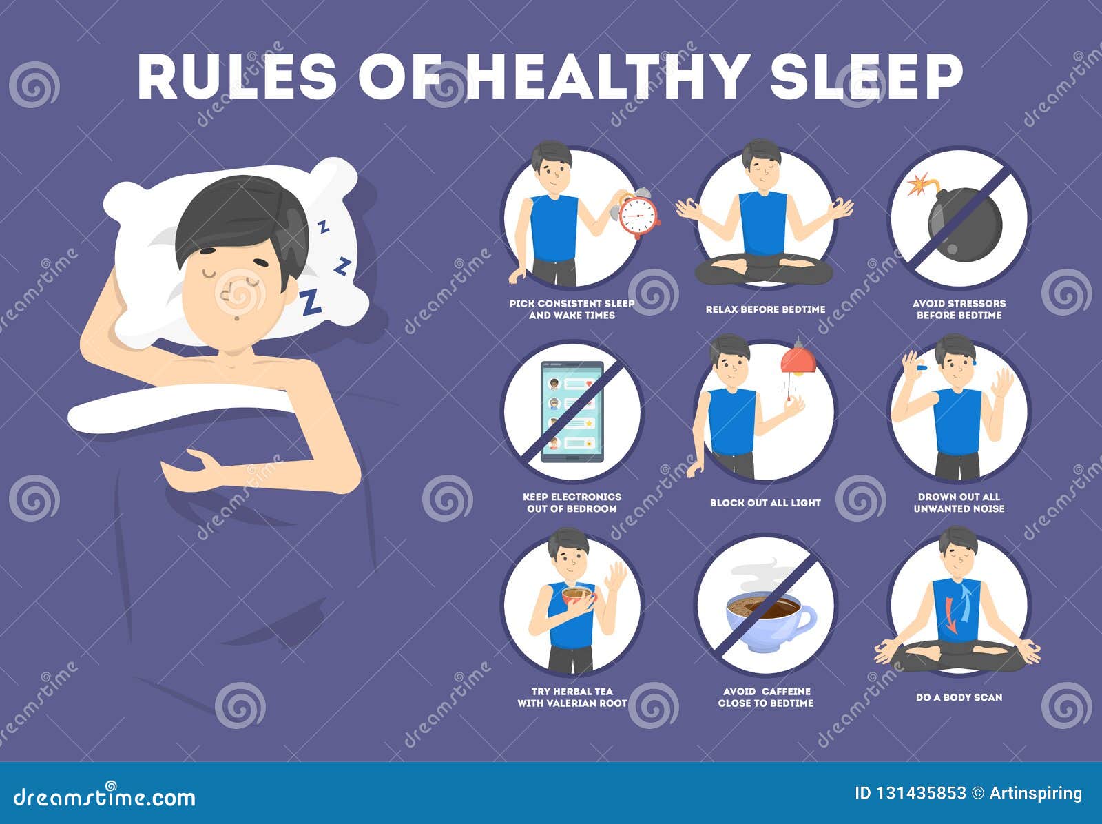 Healthy Sleep Rules Good Night Habits Concept Peacefully Sleeping Female Character And