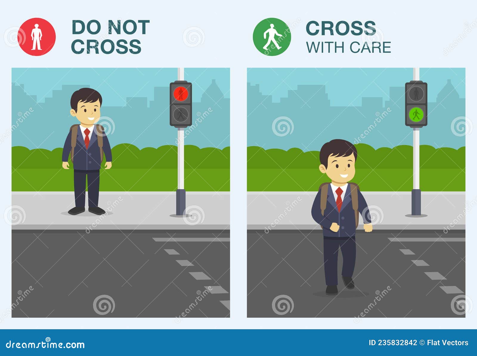 Rules for Pedestrians. the Meaning of Traffic Light Signals. School Kid  Walking Across Pedestrian Crossing. Road Safety Rules. Stock Vector -  Illustration of light, attention: 235832842