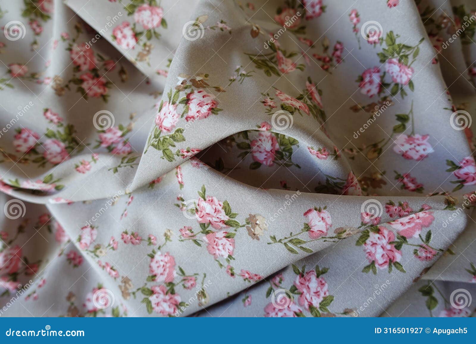 rumpled grey rayon fabric with old-fashioned floral print