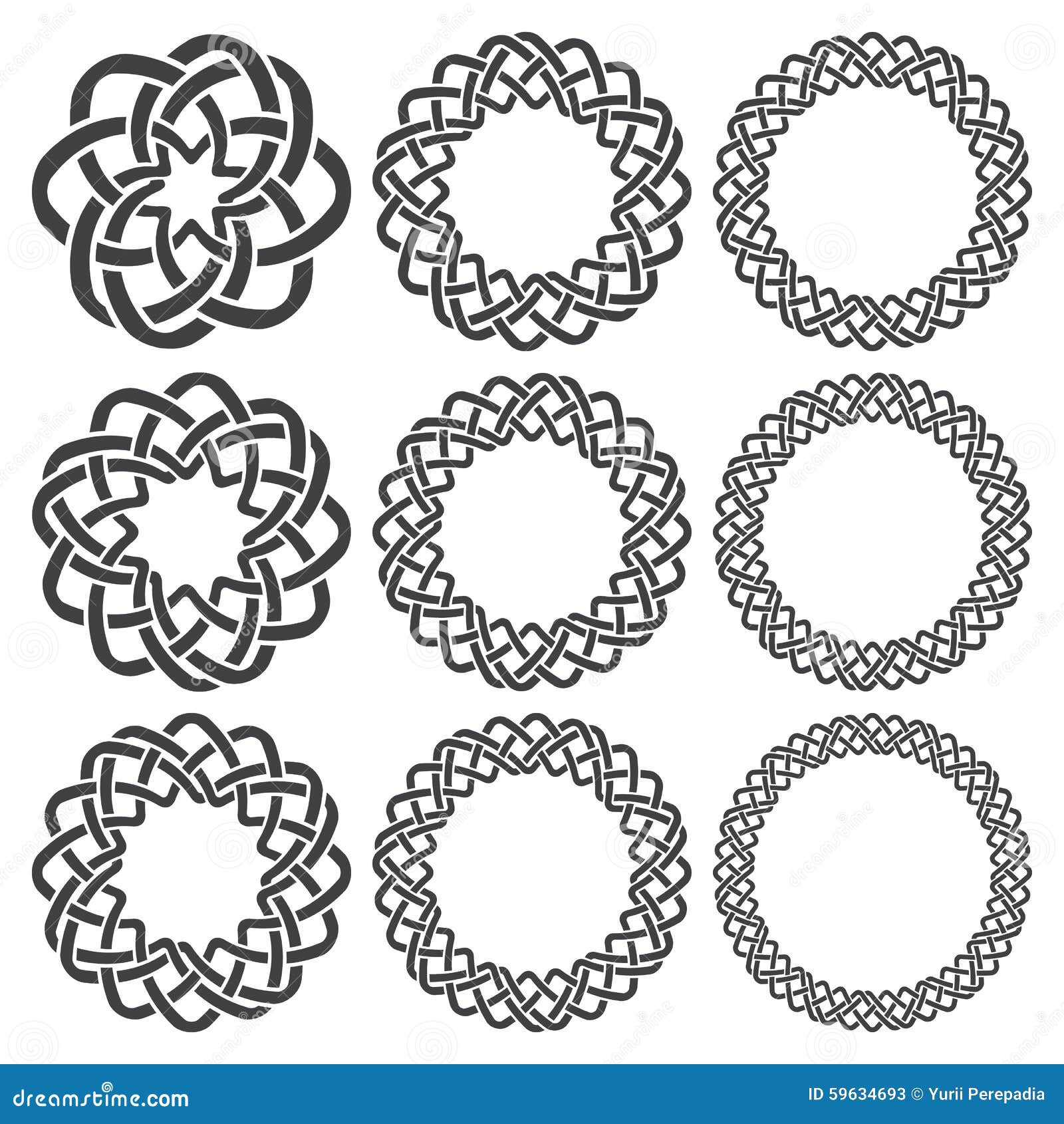 Runda dekorativa beståndsdelar för design. Uppsättning av magi som knyter cirklar Nio runda dekorativa beståndsdelar med band som flätar för din design