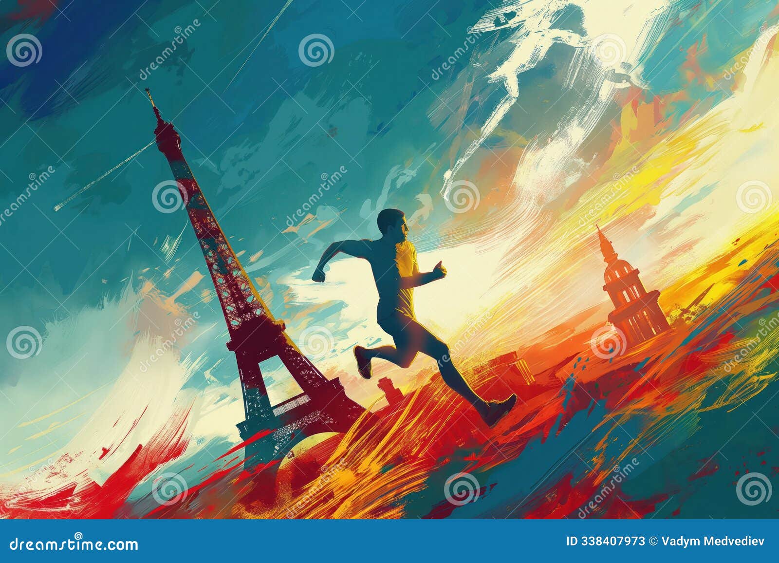 runner in motion against eiffel tower backdrop. dynamic athletic movement conveying energy, determination, and focus. fitness