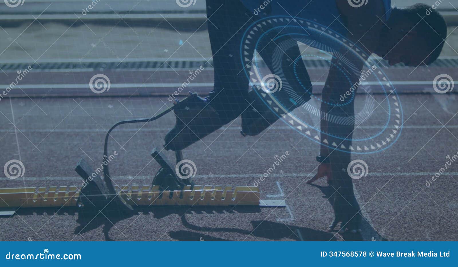 runner on track with digital data processing image overlaid