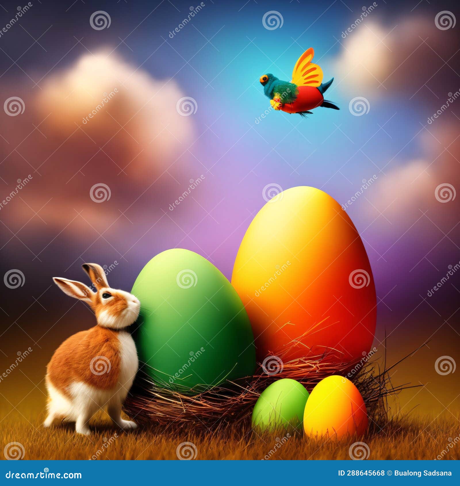 running happy easter bunny with eggs flying everywhere created by generative artificial intelligence, generative ai