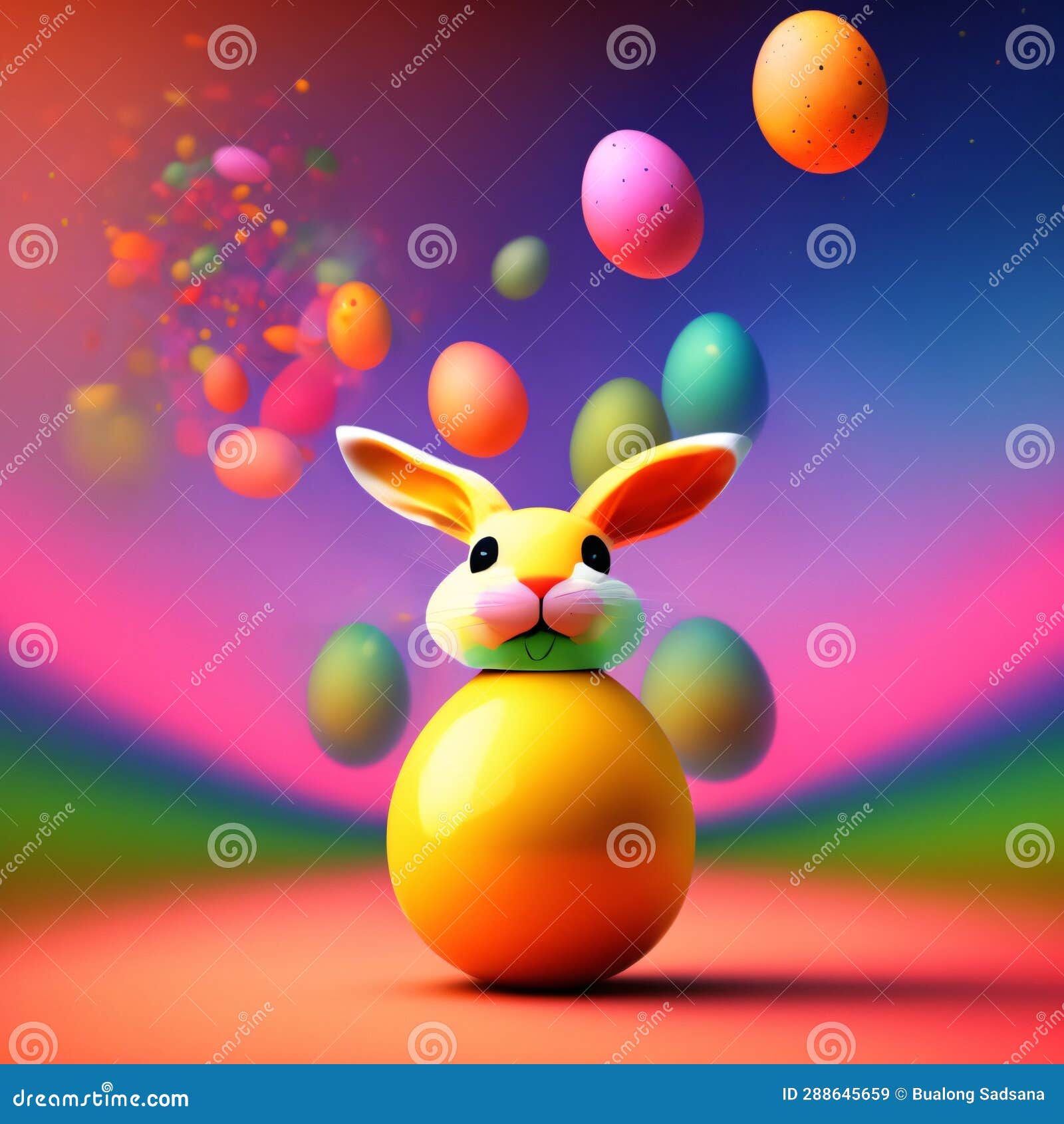 running happy easter bunny with eggs flying everywhere created by generative artificial intelligence, generative ai