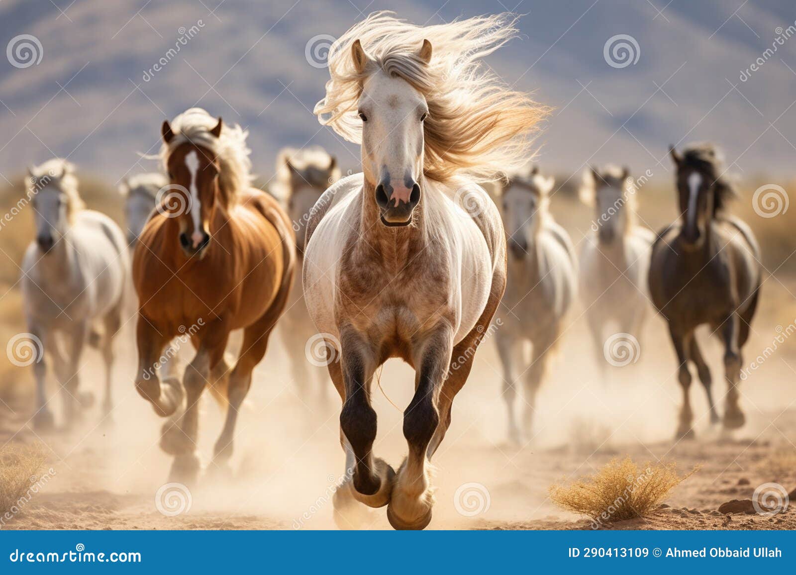 running horses with long manes in the desert. generative by ai