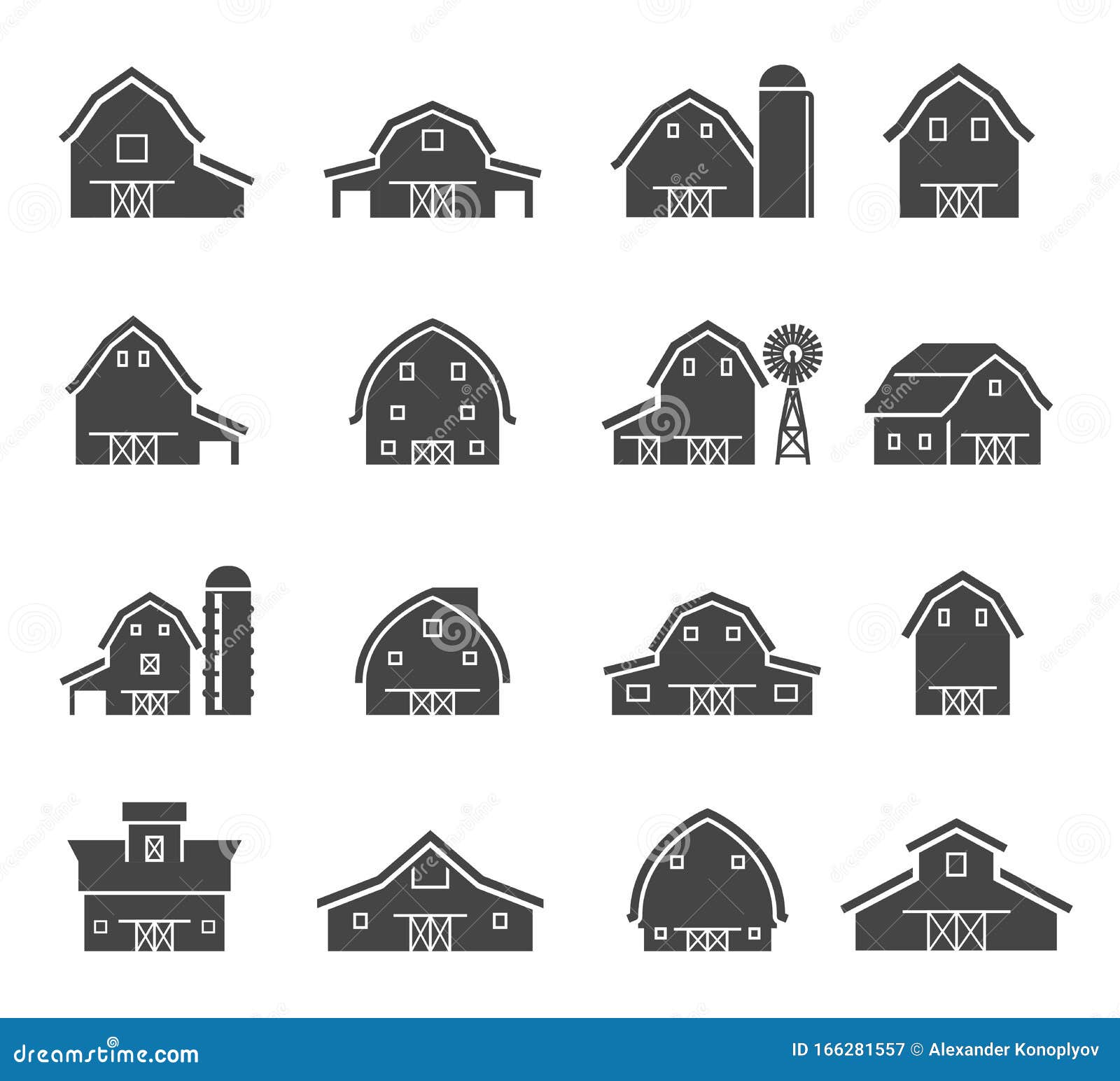 rural barn building silhouettes glyph icons set