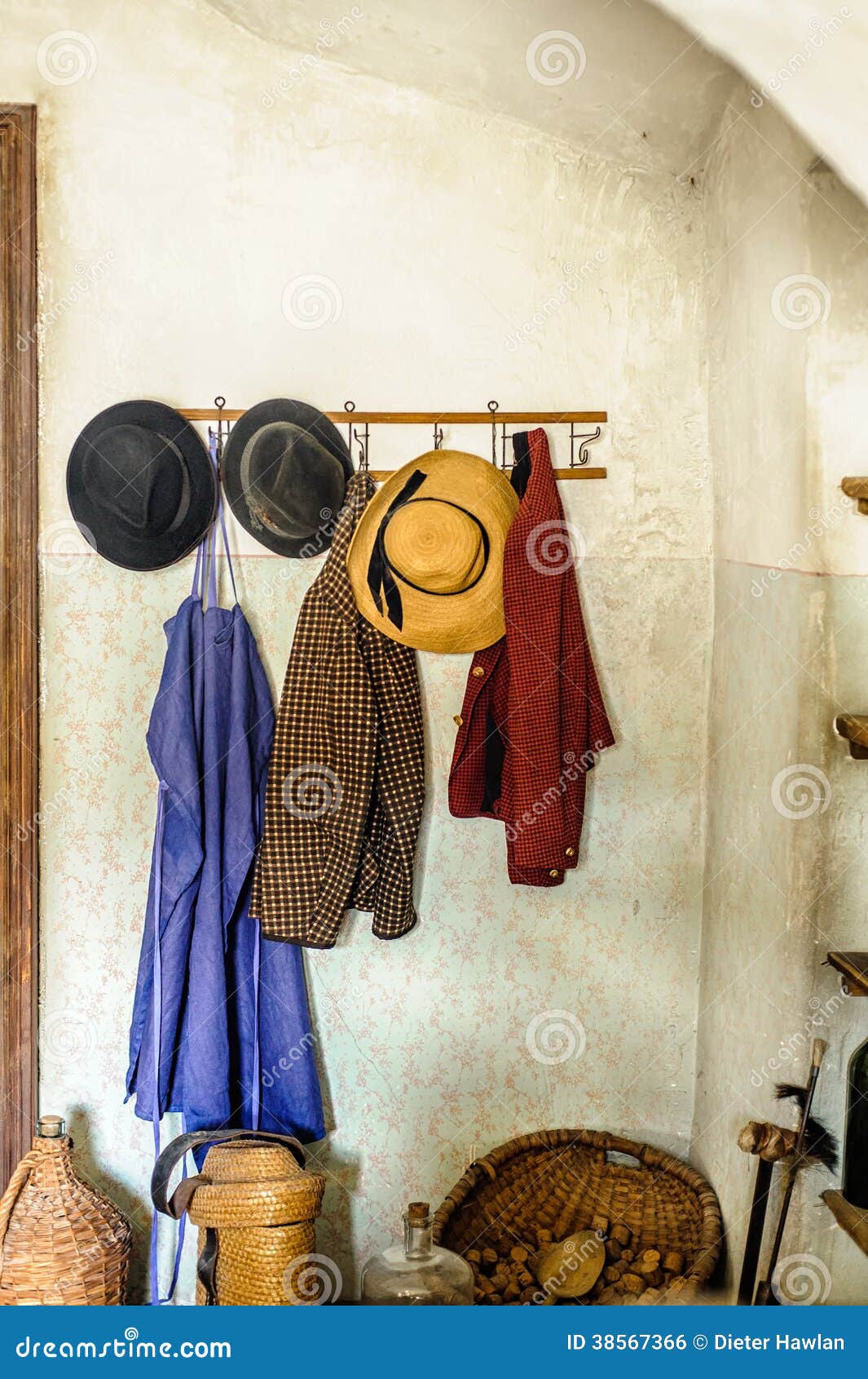 rural cloakroom with clothes