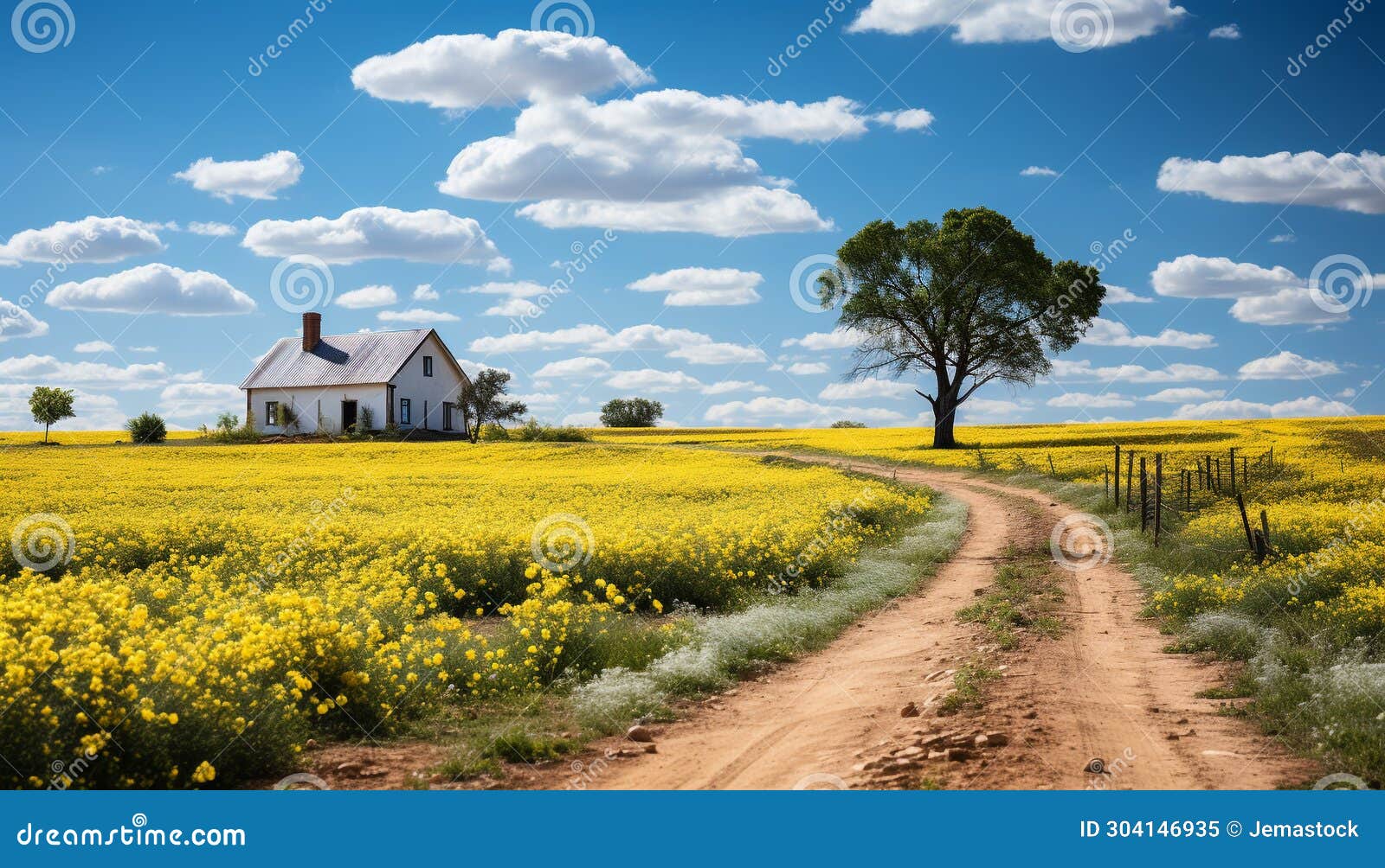 rural farm landscape, yellow meadow, blue sky generated by ai