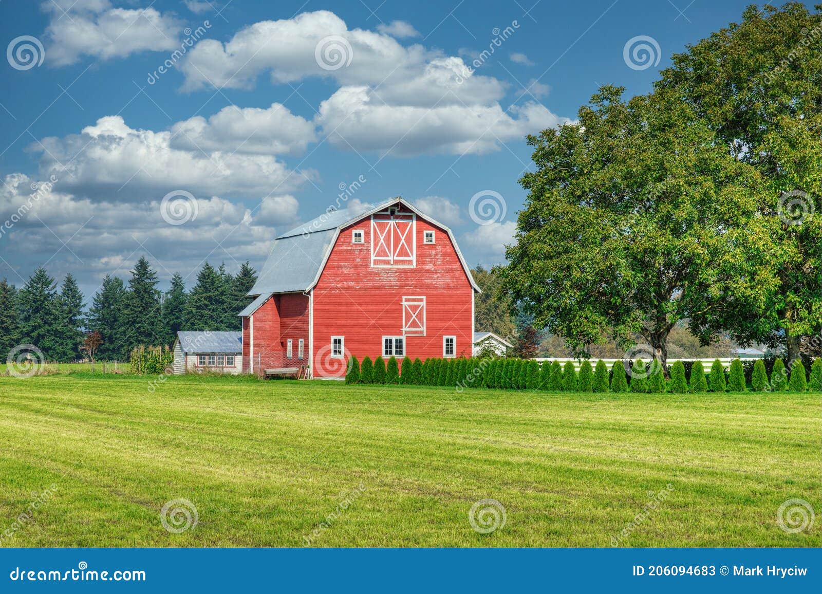 Rural Farm Red Barn Country Scene Cloudy Sky Background Stock