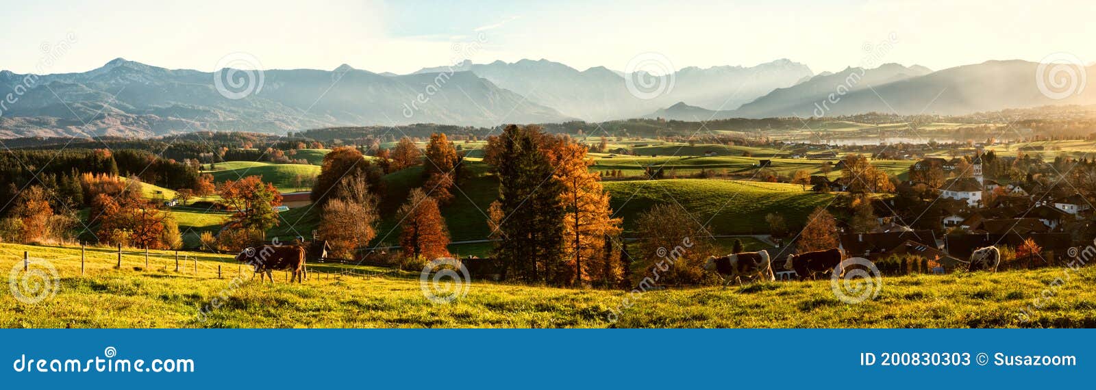 rural landscape aidling in autumn, evening mood with view to mountain range bavaria