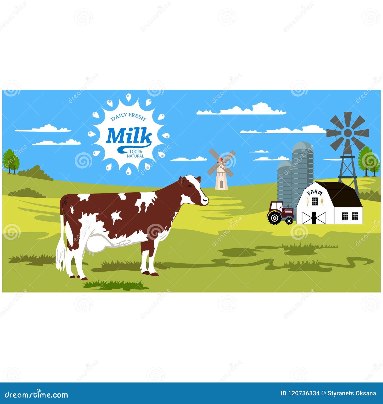 Rural Landscape with Cow and Splash. Stock Vector - Illustration of ...